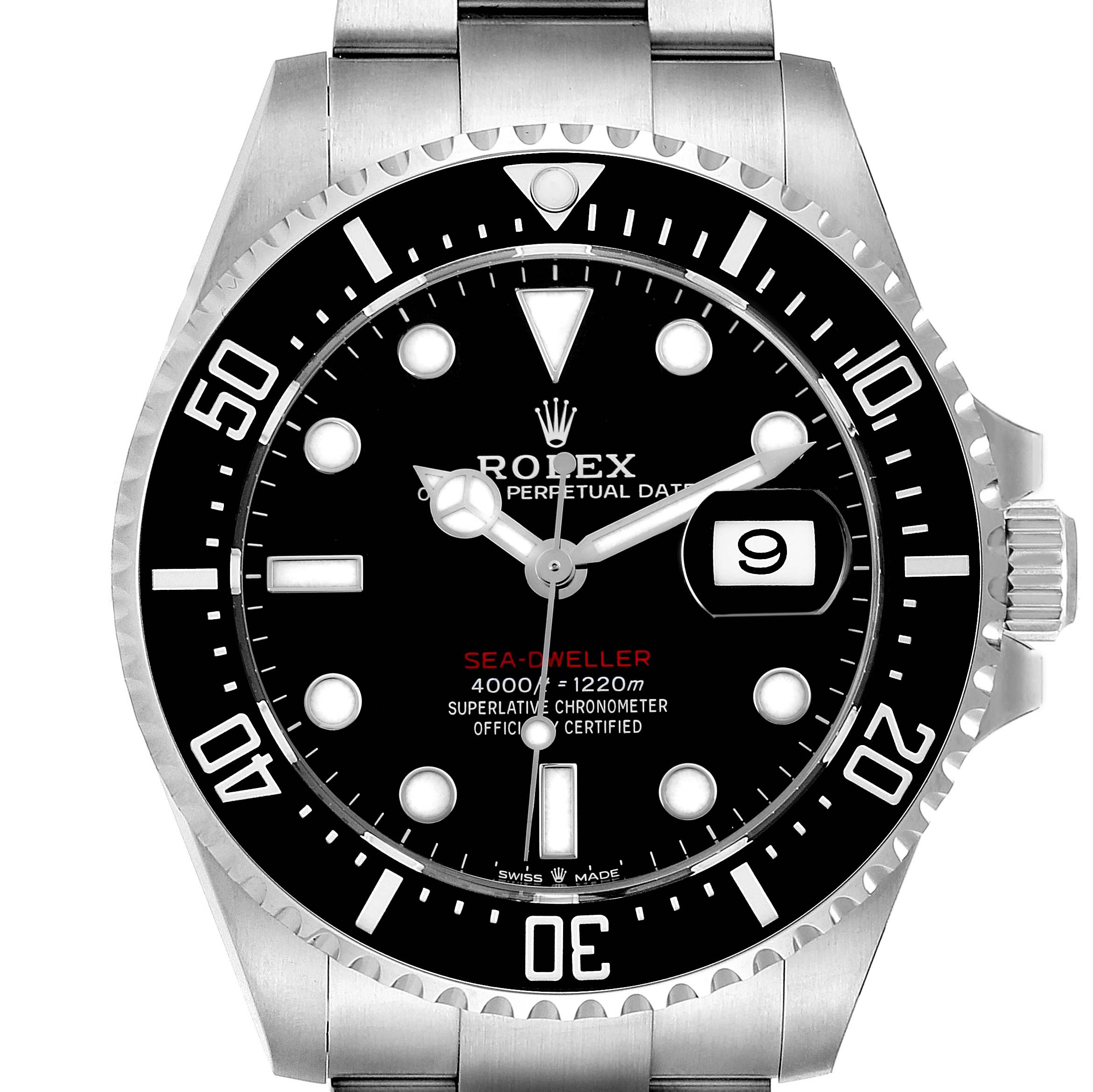 The Rolex Sea-Dweller 126600 Men's Stainless Steel Black Dial is shown from a front angle, highlighting the dial, hands, bezel, and bracelet.