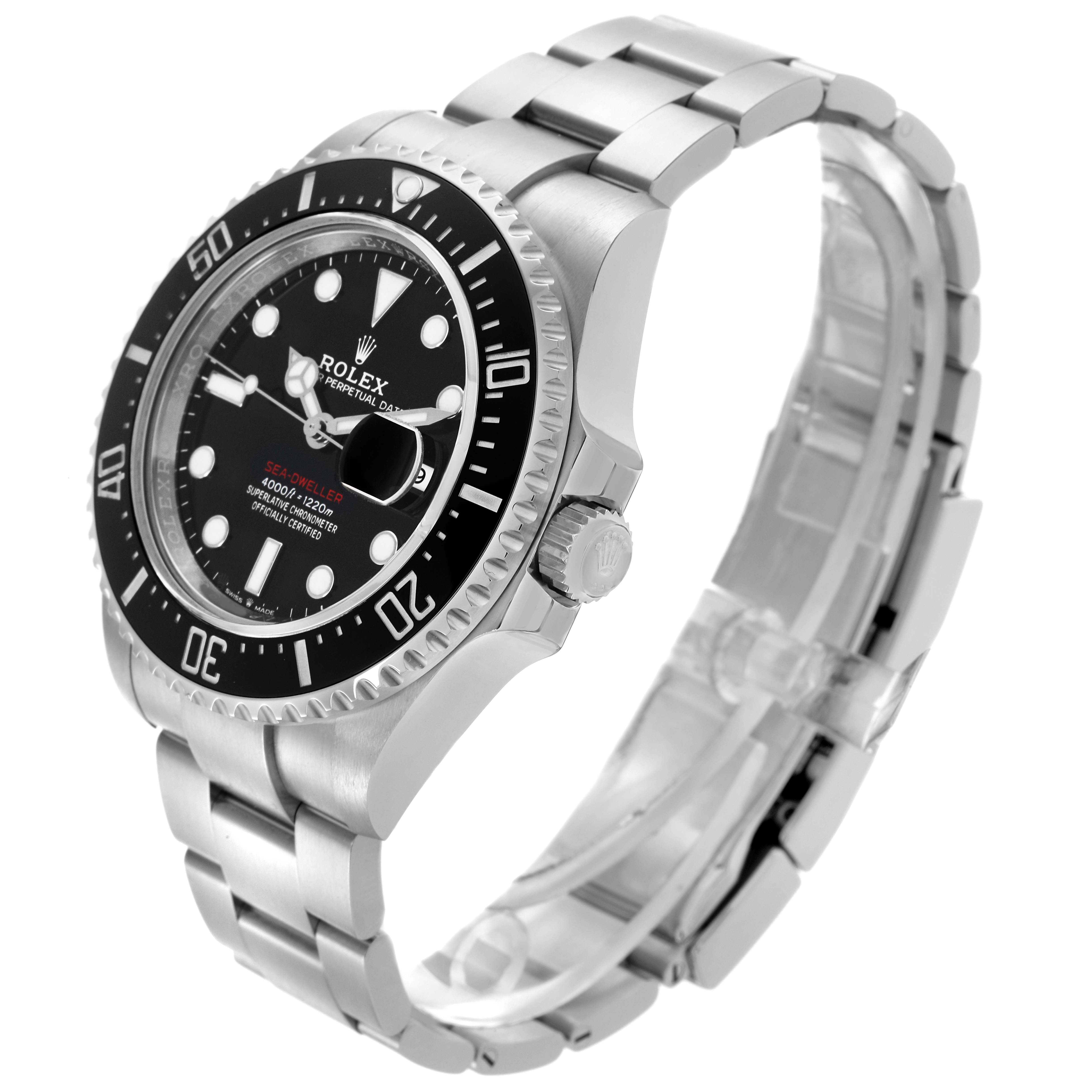 The Rolex Sea-Dweller 126600 Men's Stainless Steel Black Dial watch is shown at a three-quarter angle, highlighting the dial, bezel, crown, and bracelet.