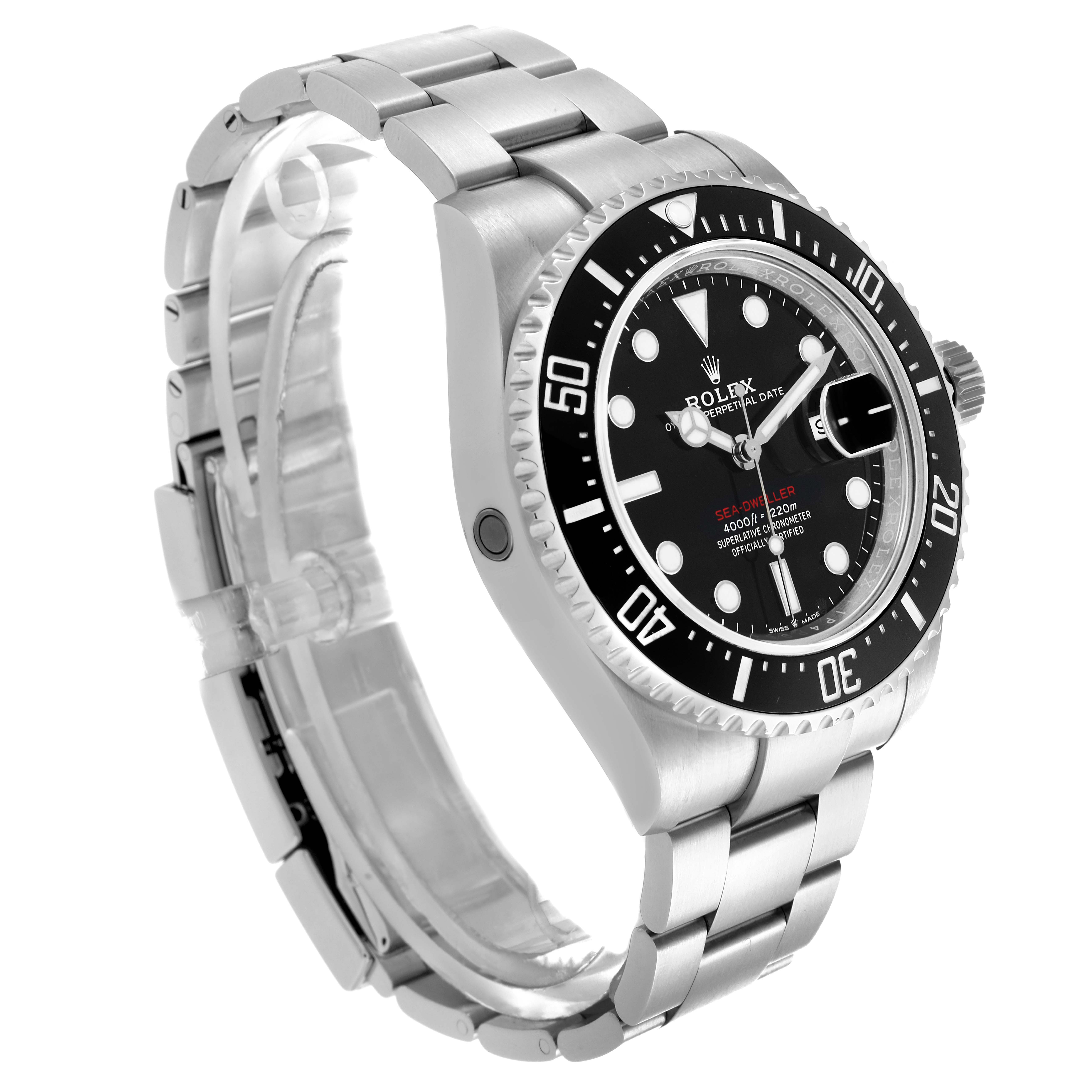 The Rolex Sea-Dweller 126600 Men's Stainless Steel Black Dial watch is displayed at a side angle, showing the bracelet, bezel, and face with the cyclops date feature.