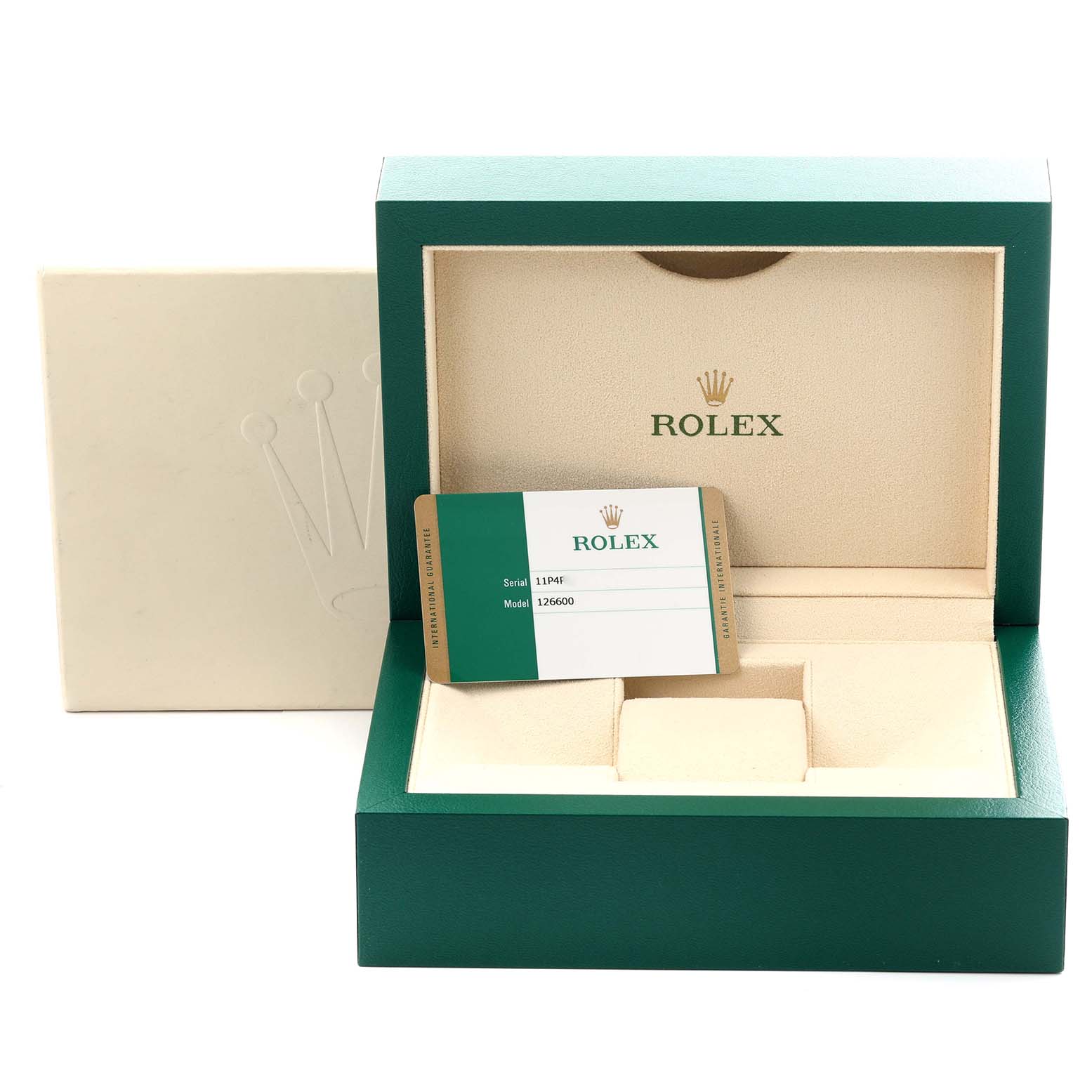 The Rolex Sea-Dweller 126600 Men's Stainless Steel Black Dial watch box is shown open from the front, featuring an authentication card inside.