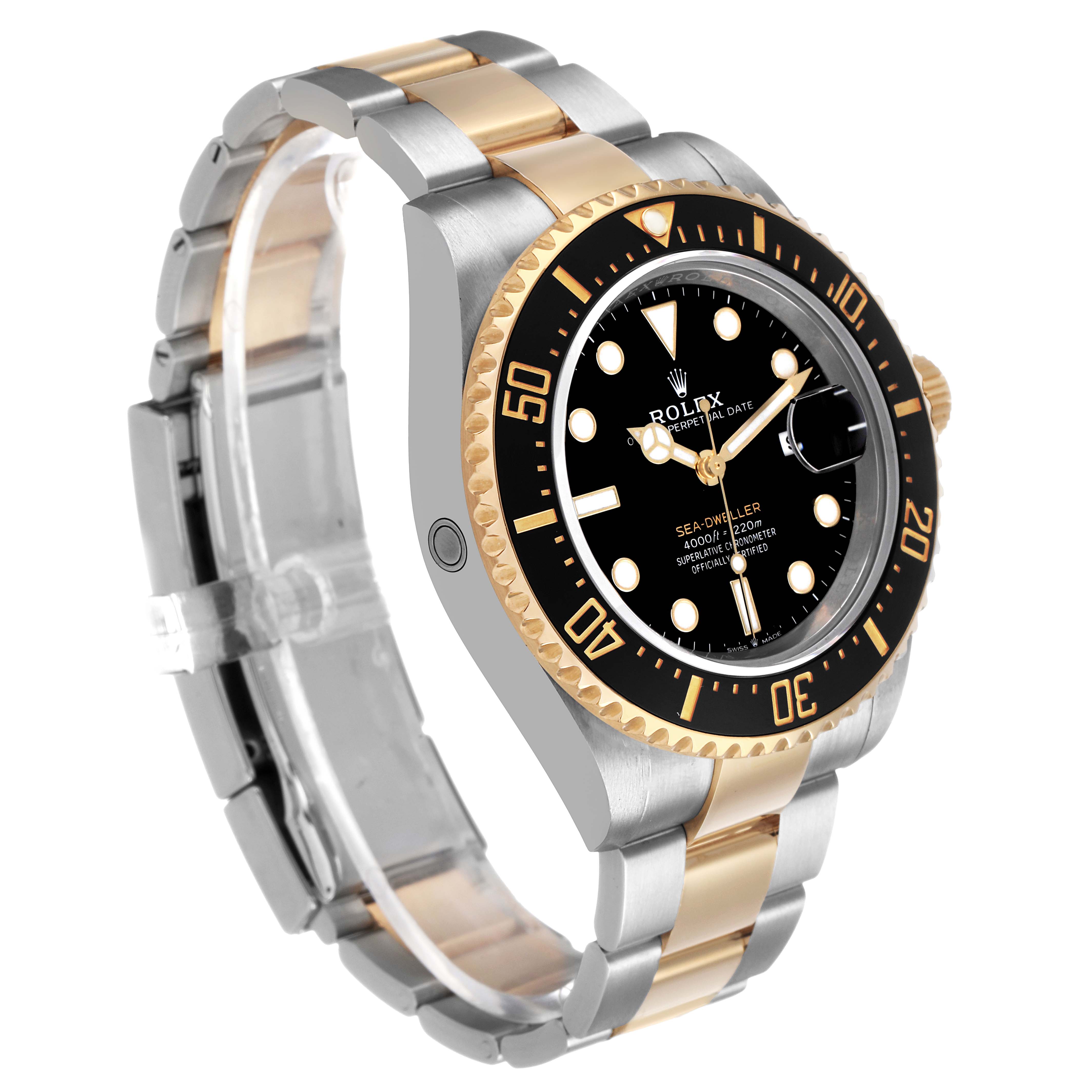 The Rolex Sea-Dweller 126603 Men's Steel and Gold (two tone) Black Dial is shown at a three-quarter angle, highlighting the bezel, dial, and two-tone bracelet.