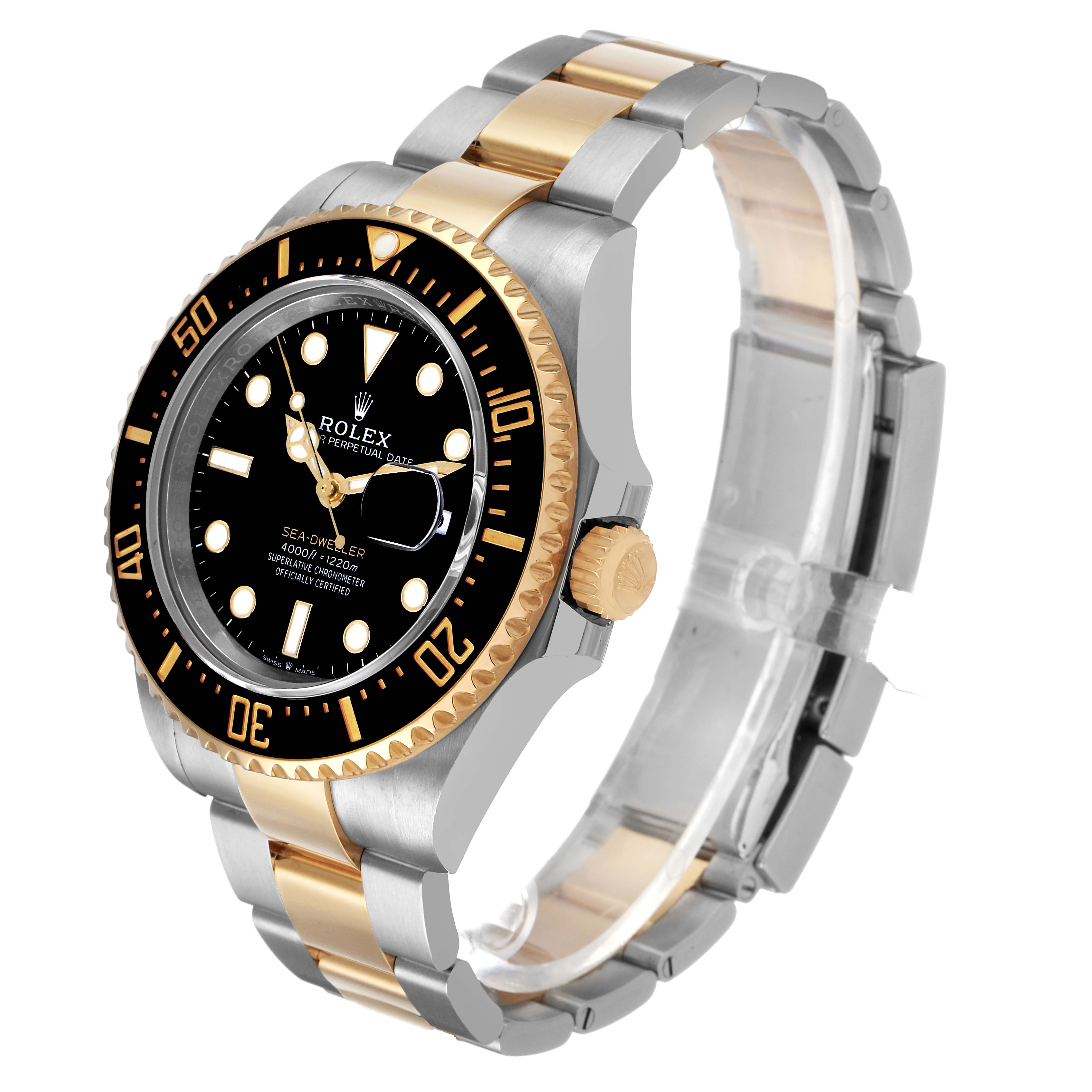 The Rolex Sea-Dweller 126603 Men's Steel and Gold (two tone) Black Dial watch is shown at a three-quarter angle, highlighting the bezel, dial, crown, and bracelet details.
