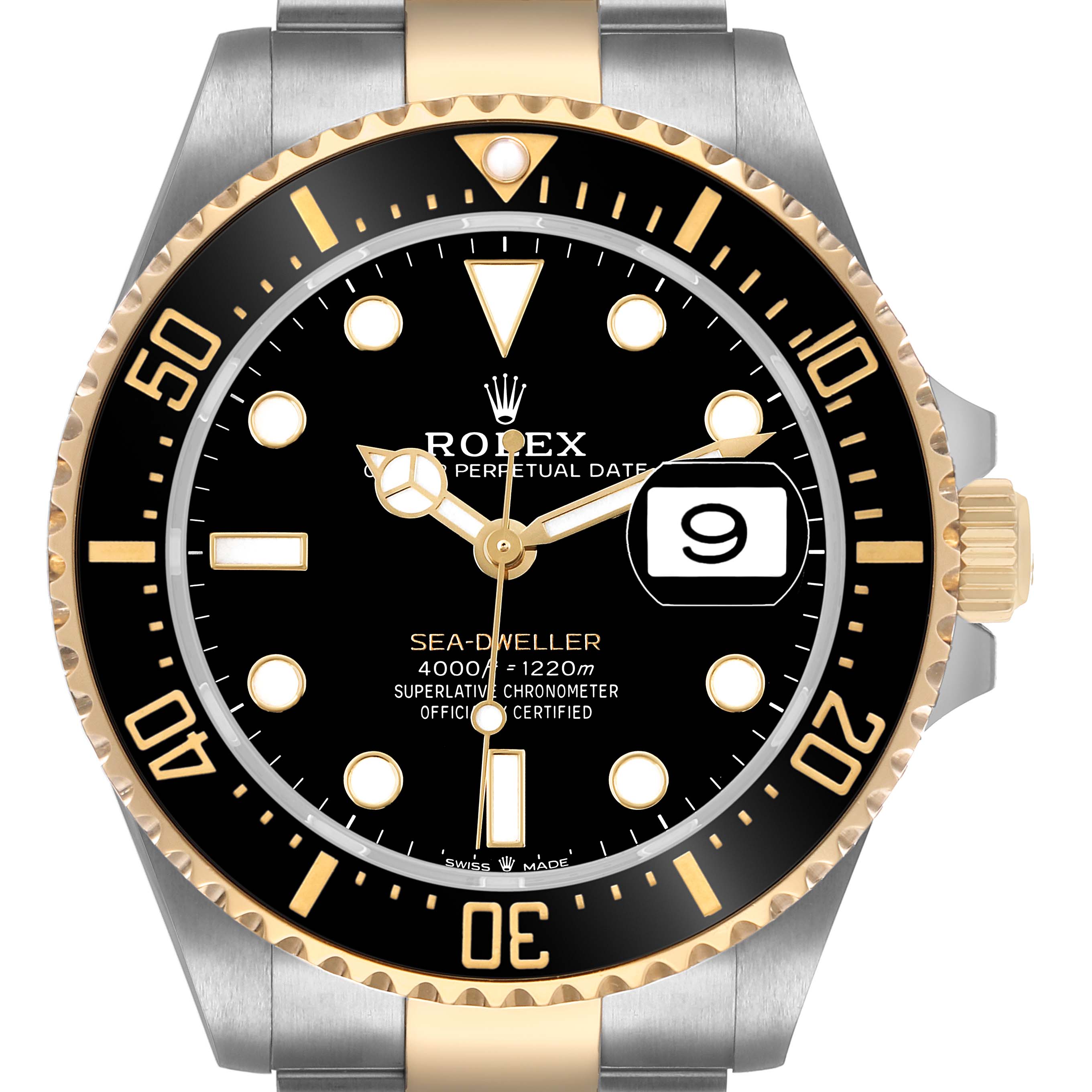 The Rolex Sea-Dweller 126603 Men's Steel and Gold (two tone) Black Dial watch is shown from the front, displaying the face, bezel, and part of the bracelet.