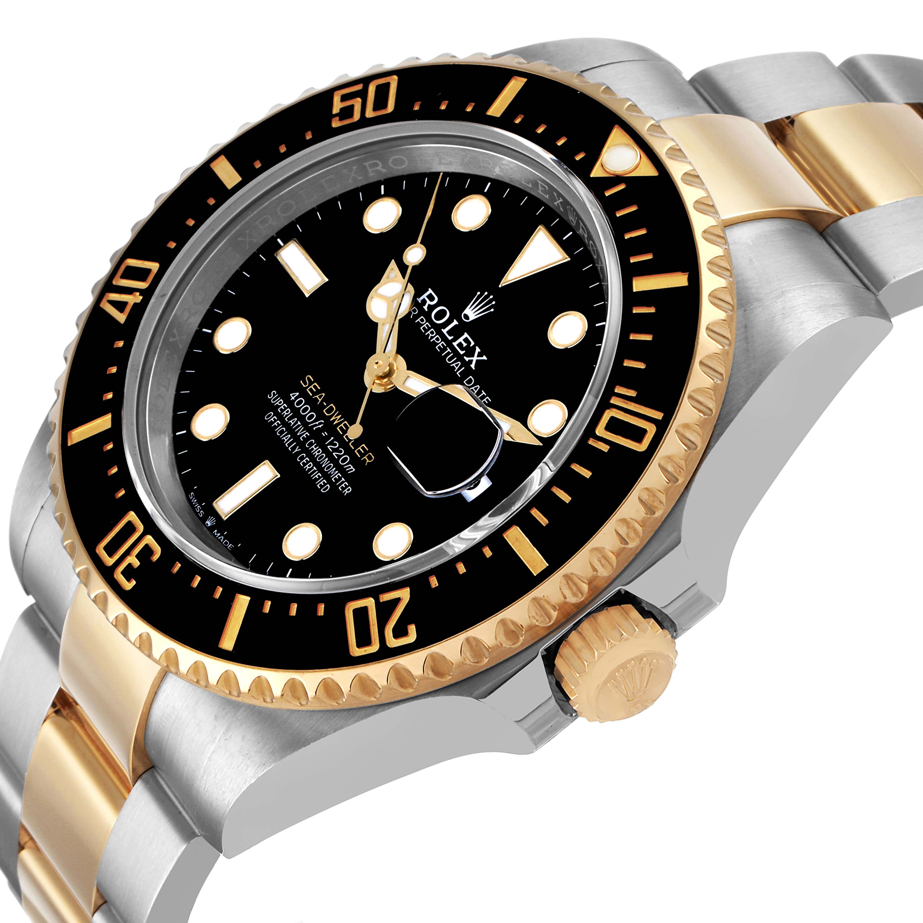 The image shows a Rolex Sea-Dweller 126603 Men's Steel and Gold (two tone) Black Dial watch angled to display its two-tone bracelet, gold and black bezel, crown, and detailed dial.