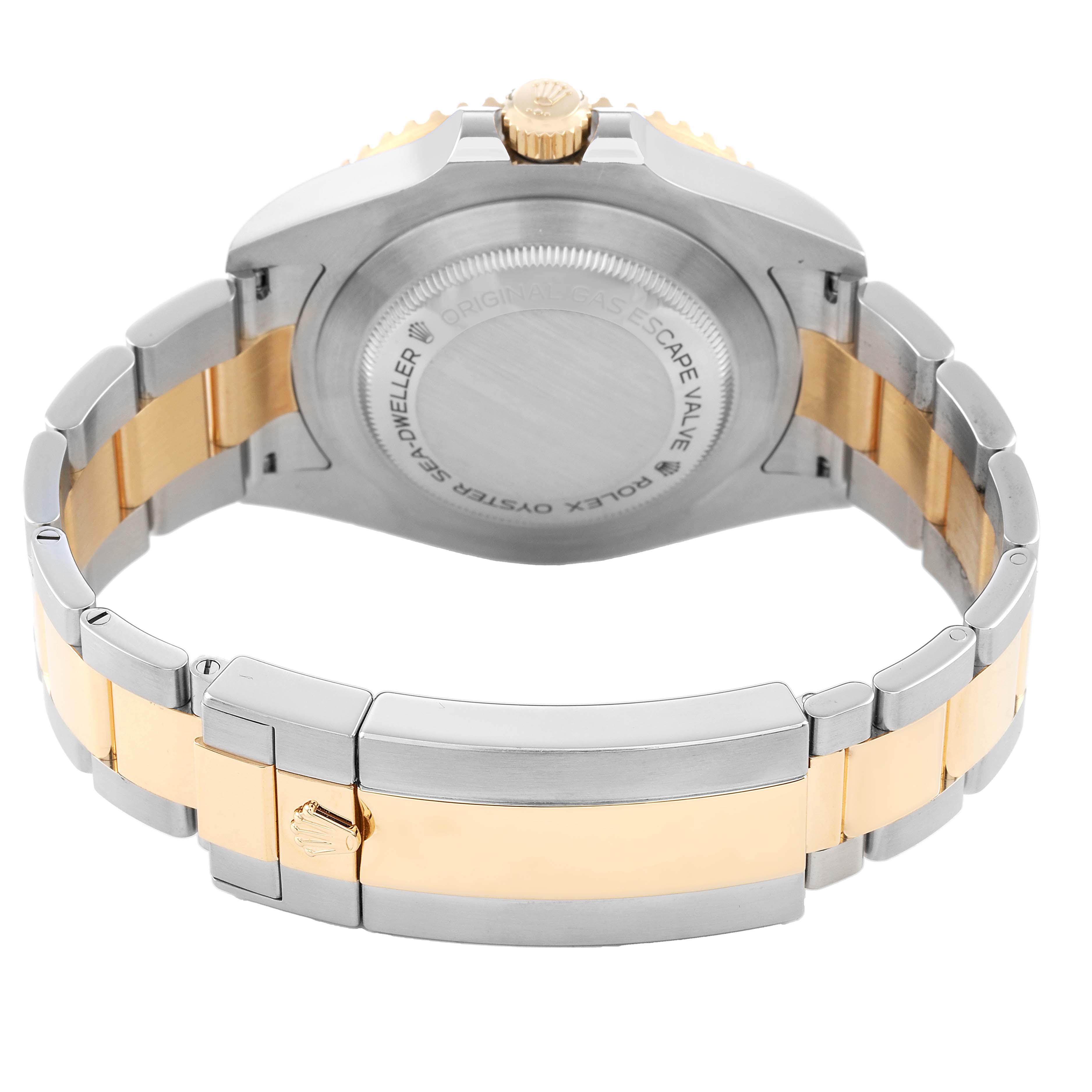 The image shows the back case, crown, and clasp of the Rolex Sea-Dweller 126603 Men's Steel and Gold (two tone) Black Dial with a two-tone bracelet.