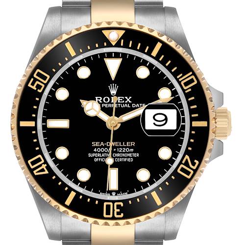 The Rolex Sea-Dweller 126603 Men's Steel and Gold (two tone) Black Dial watch is shown from a front angle, highlighting the face, bezel, and part of the bracelet.