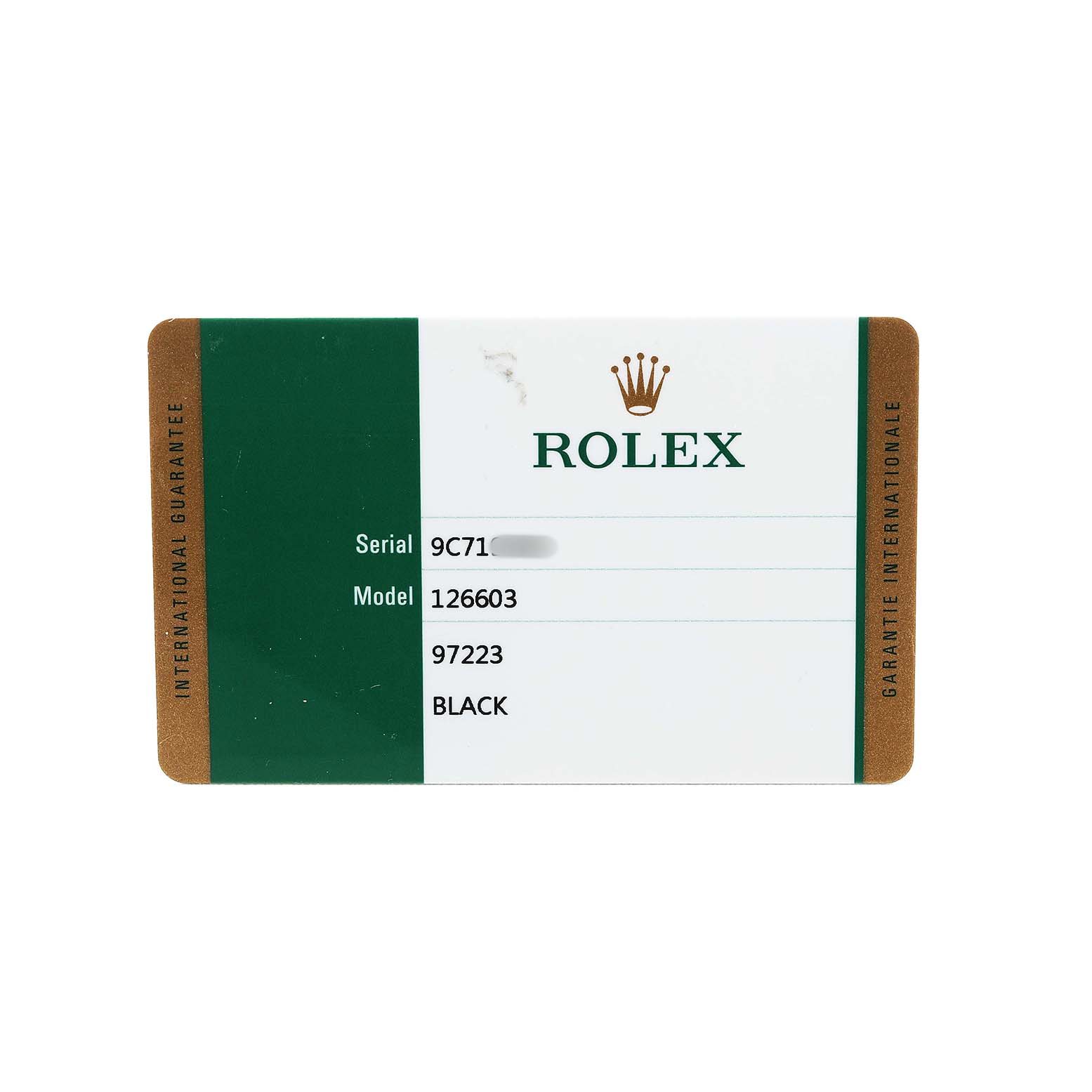 The image shows a Rolex international guarantee card for the Sea-Dweller model.