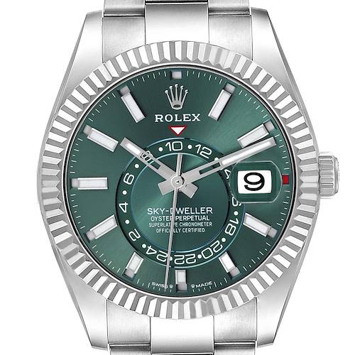 The Rolex Sky-Dweller 336934 Men's Stainless Steel Green Dial watch is shown from a front view, highlighting the green dial, bezel, crown, and part of the bracelet.