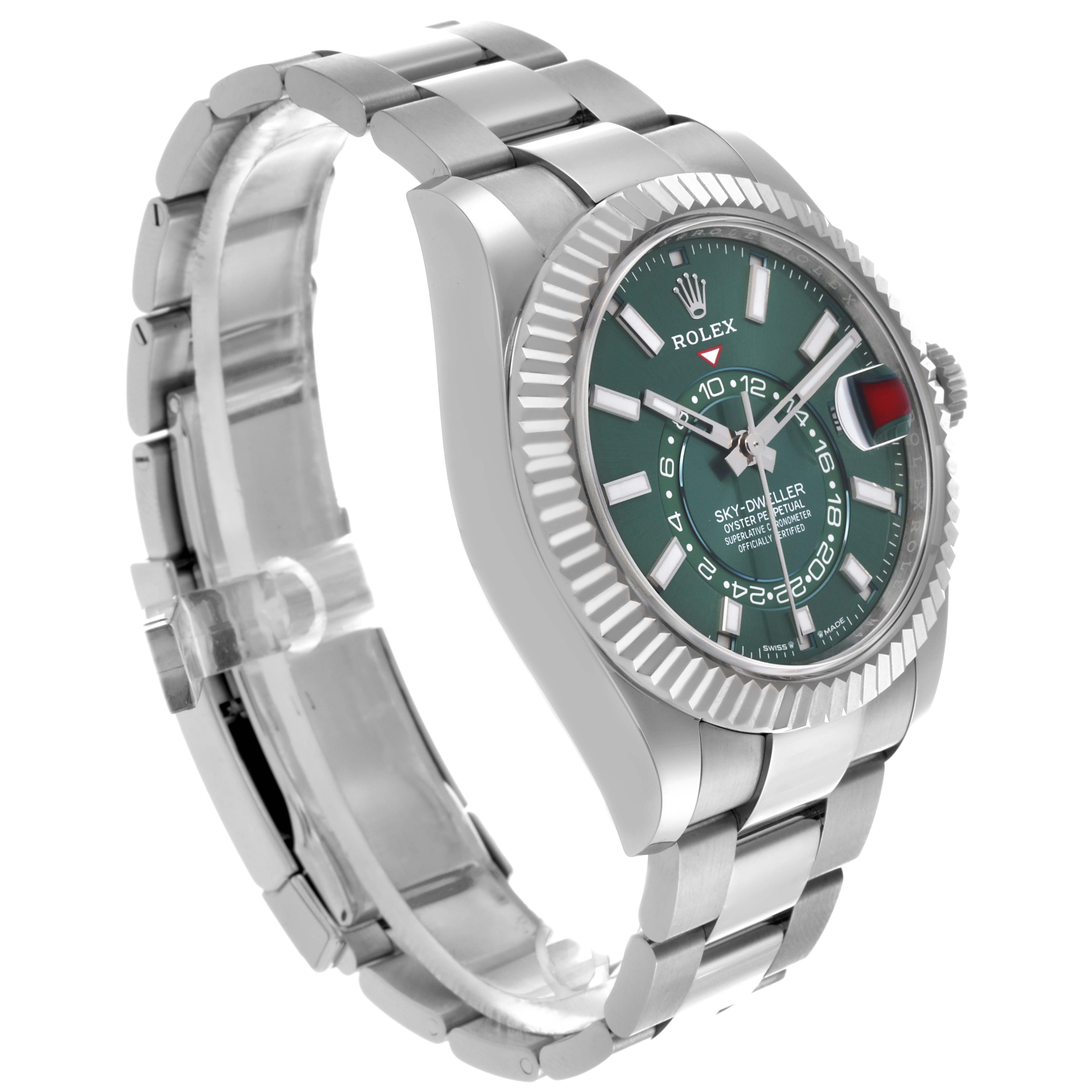 The Rolex Sky-Dweller 336934 Men's Stainless Steel Green Dial is shown at a three-quarter angle, displaying the face, bezel, and part of the bracelet.