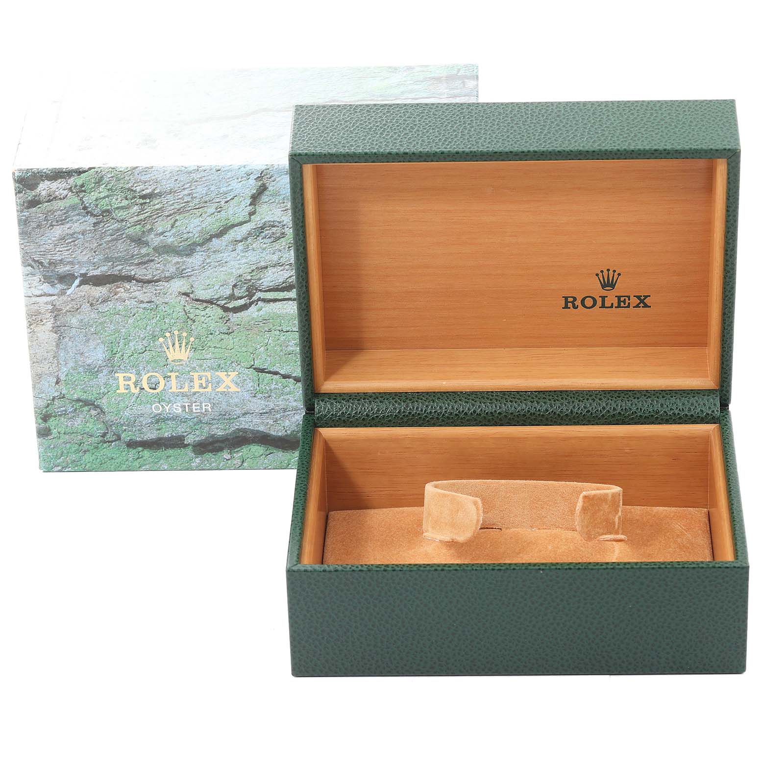 This image shows the open green and wood Rolex watch box for the Submariner model, along with its outer green packaging.