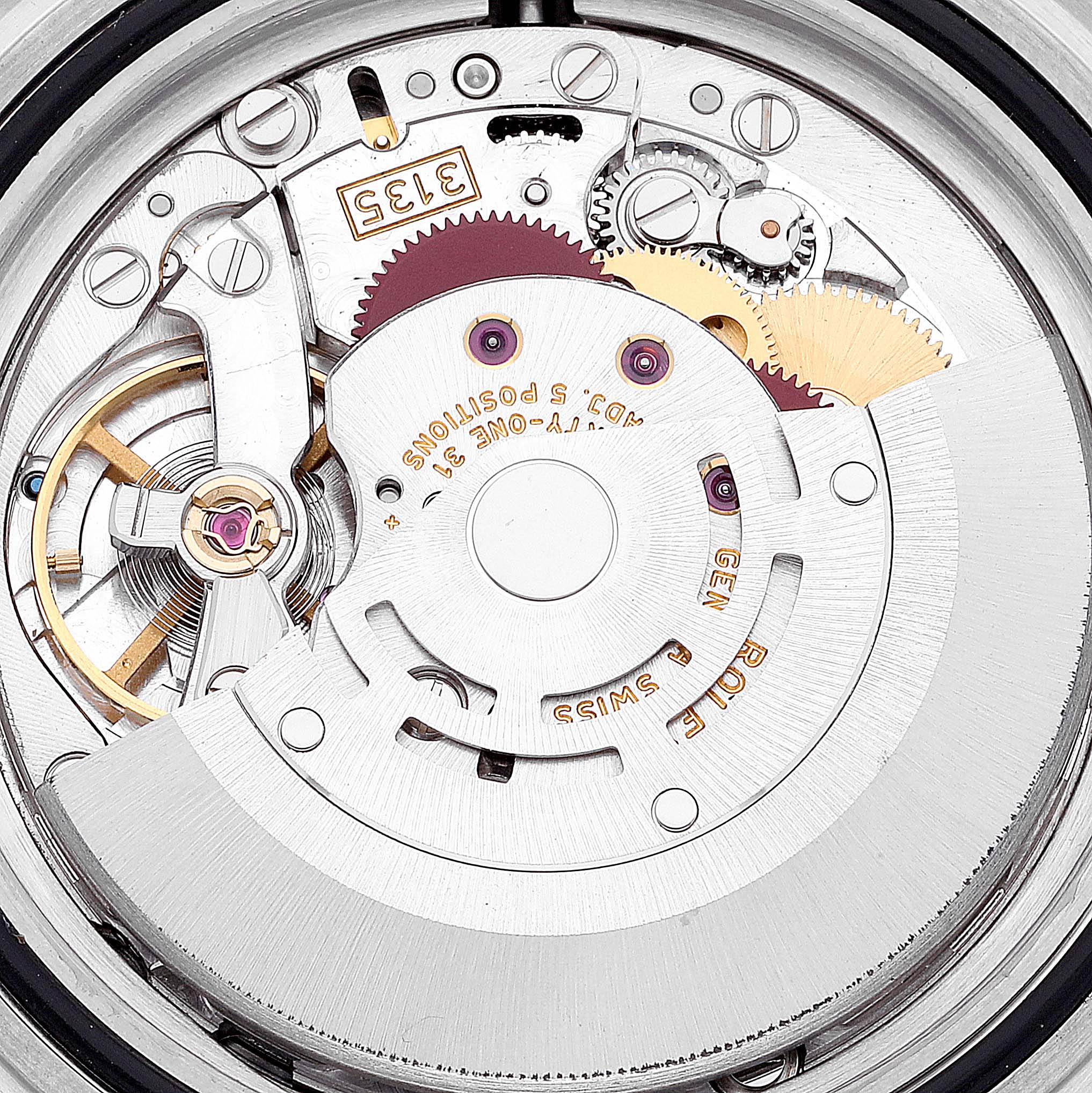 This image shows the intricate internal movement mechanism of a Rolex Submariner 16613 Men's Steel and Gold (two tone) Blue Dial 16613 Men's Steel and Gold (two tone) Blue Dial watch, viewed from the back.