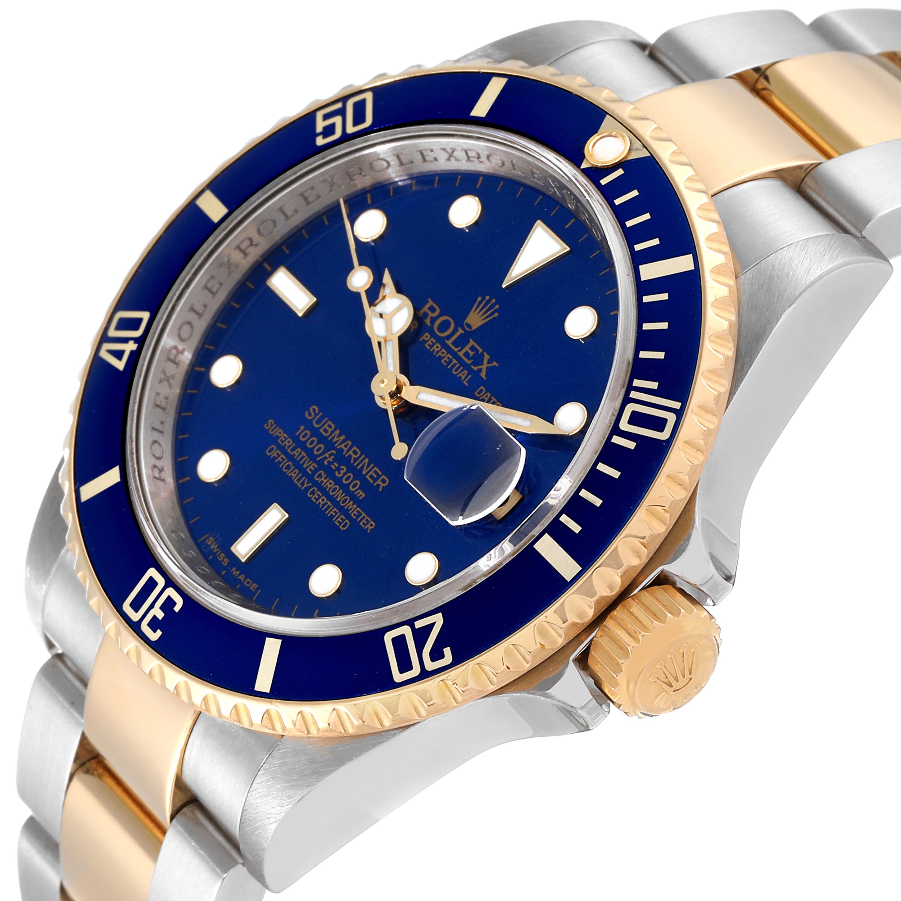 The Rolex Submariner 16613 Men's Steel and Gold (two tone) Blue Dial 16613 Men's Steel and Gold (two tone) Blue Dial watch is shown at an angled close-up, highlighting the bezel, dial, crown, and part of the bracelet.