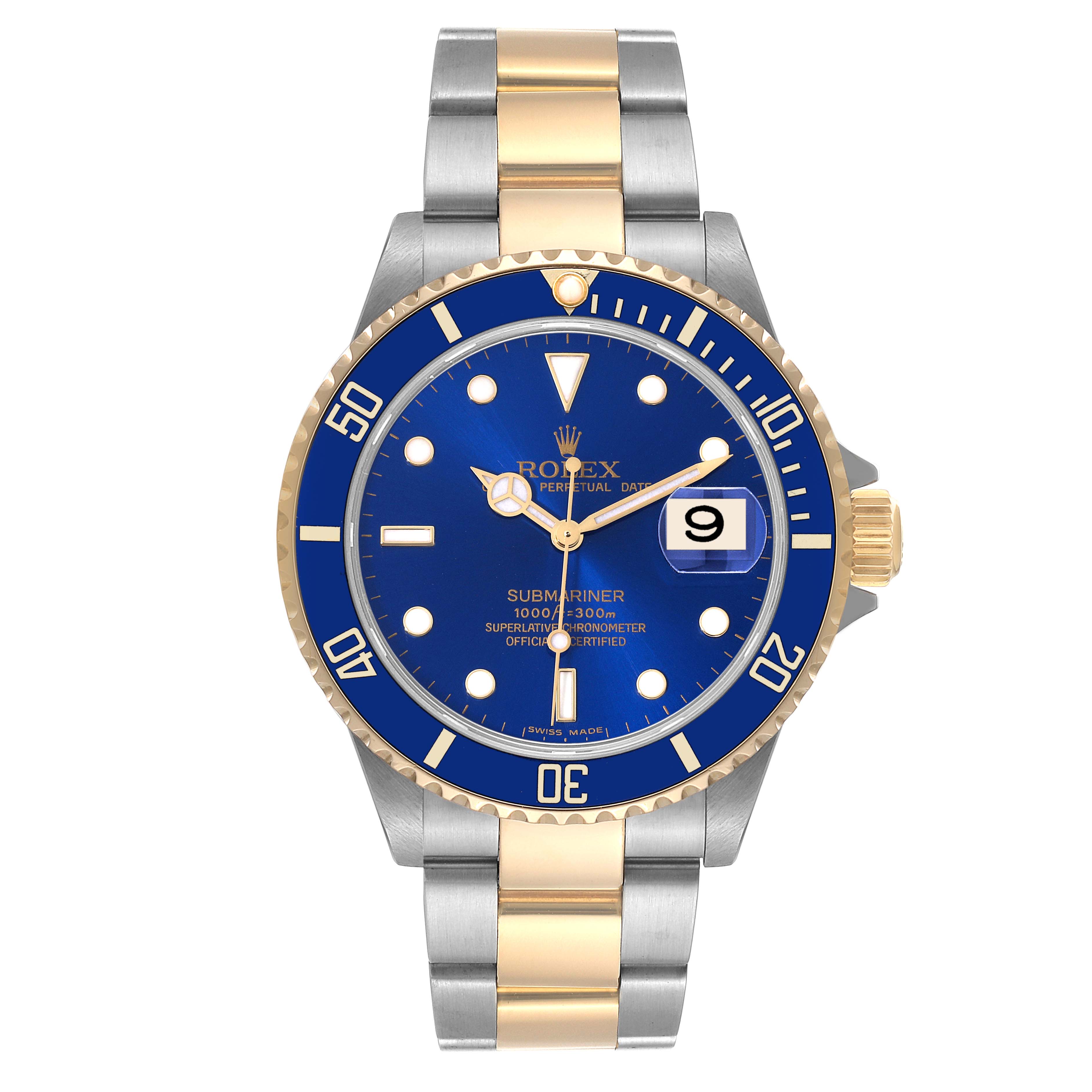 This image shows a front view of a Rolex Submariner 16613 Men's Steel and Gold (two tone) Blue Dial 16613 Men's Steel and Gold (two tone) Blue Dial watch, featuring a blue dial, a two-tone metal bracelet, and a date display.