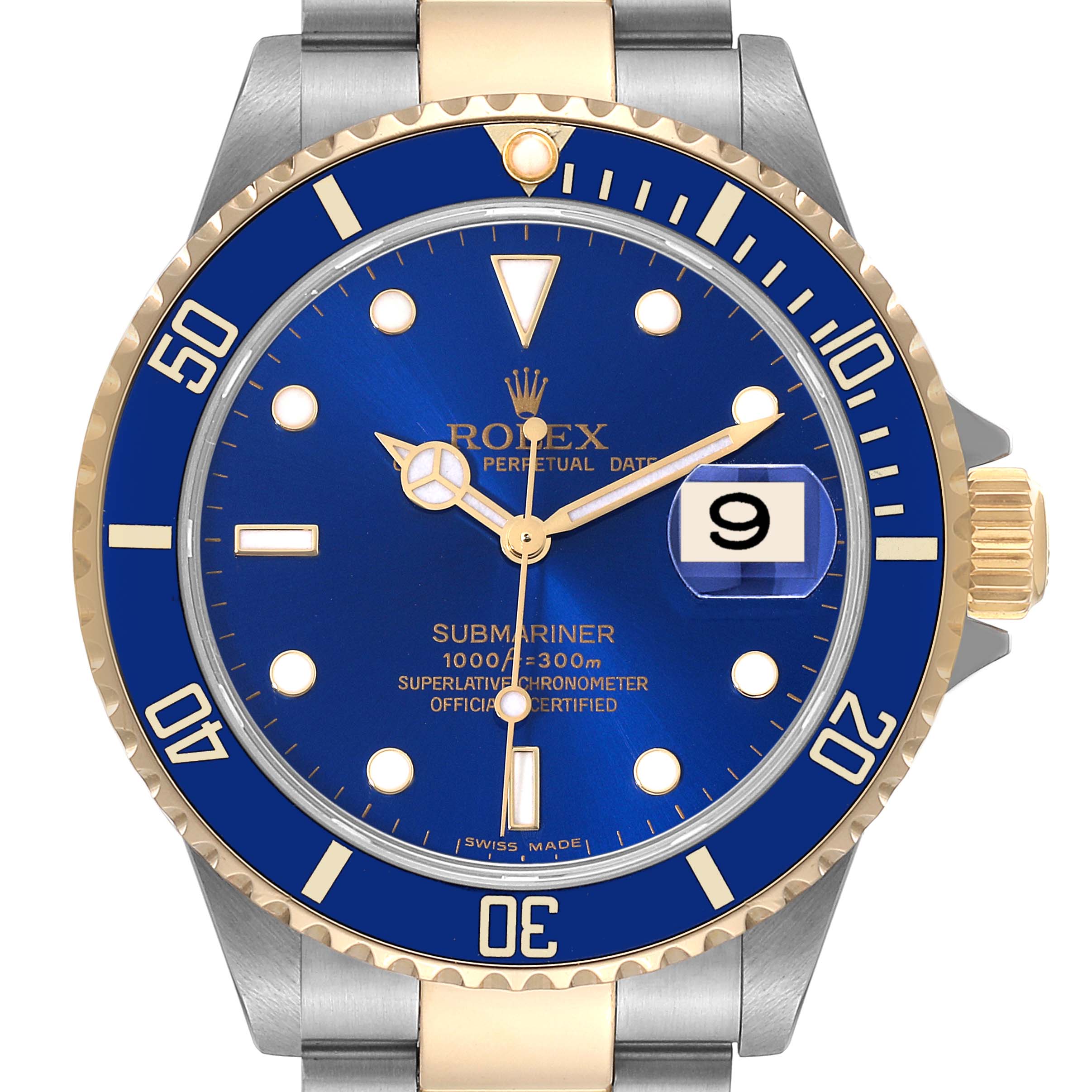 This image shows a front view of the Rolex Submariner 16613 Men's Steel and Gold (two tone) Blue Dial 16613 Men's Steel and Gold (two tone) Blue Dial watch, highlighting its blue dial, bezel, and two-tone bracelet.