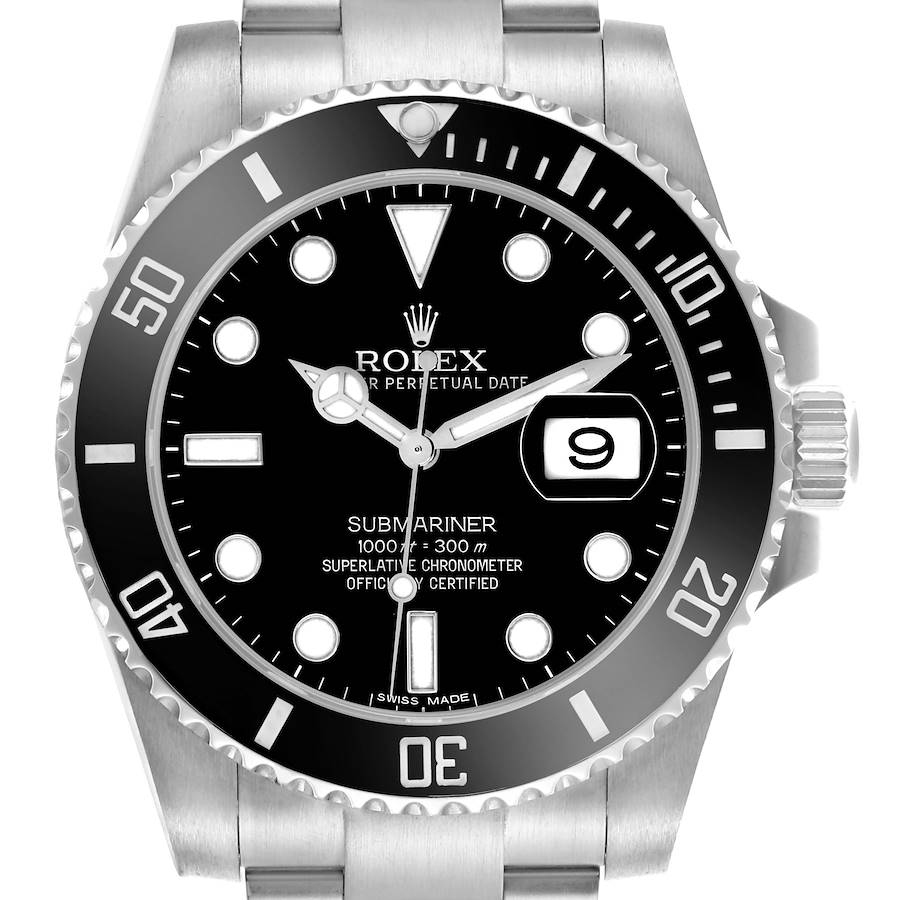 The image shows a Rolex Submariner from a front angle, highlighting the dial, bezel, and part of the bracelet.