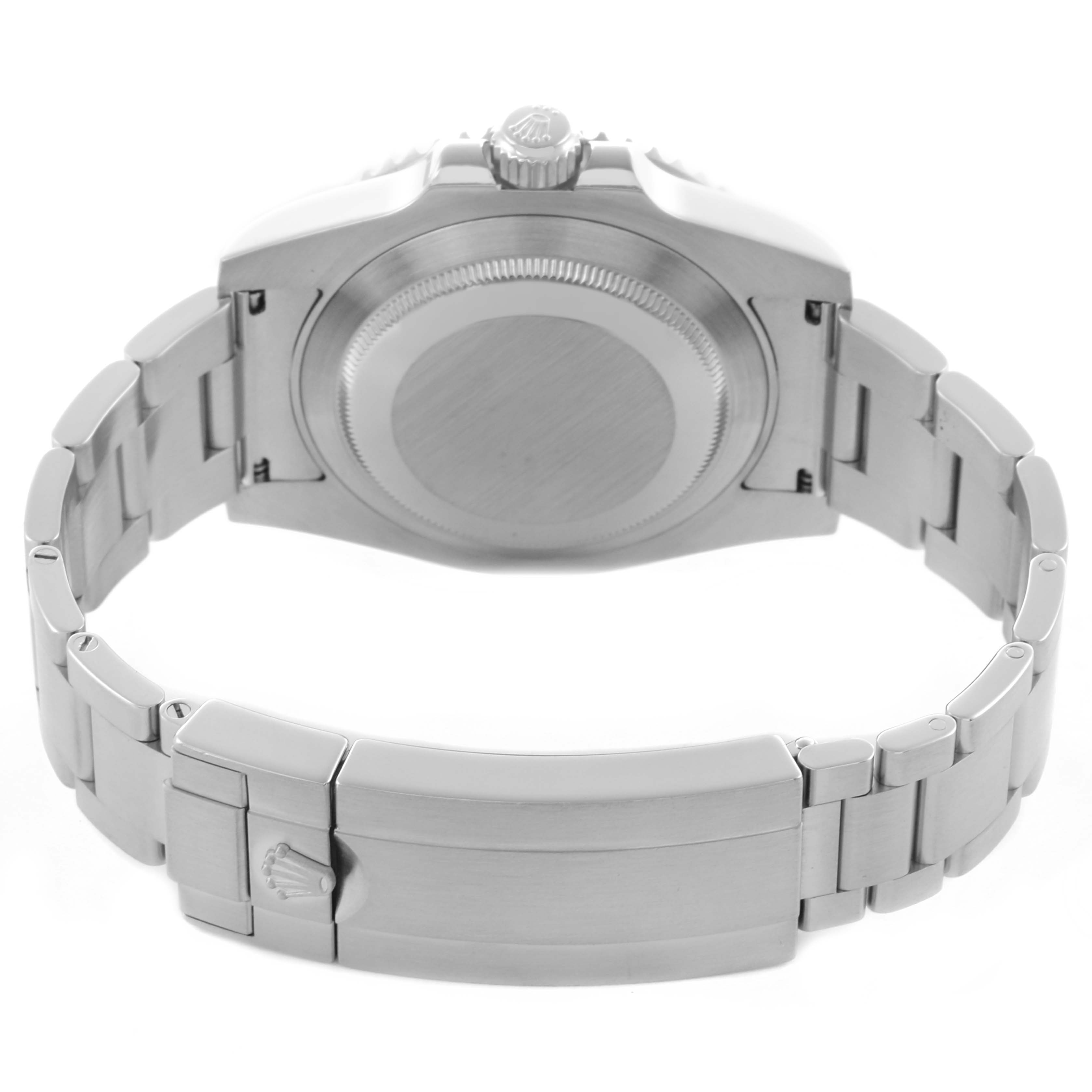 The image shows the back case, crown, and bracelet clasp of a Rolex Submariner 116610LN Men's Stainless Steel Black Dial 116610LN Men's Stainless Steel Black Dial watch, viewed from the rear.