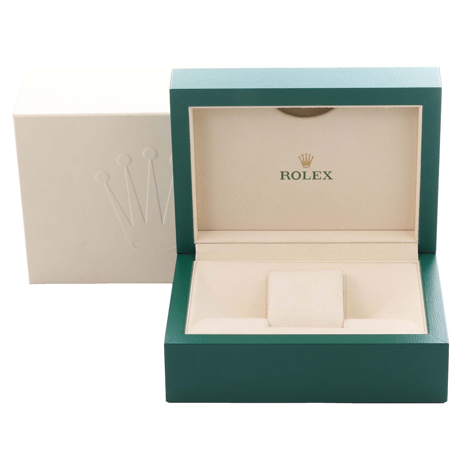 The image shows an open Rolex Submariner 116610LN Men's Stainless Steel Black Dial 116610LN Men's Stainless Steel Black Dial watch box with a green and beige interior angle, highlighting the space for the watch.