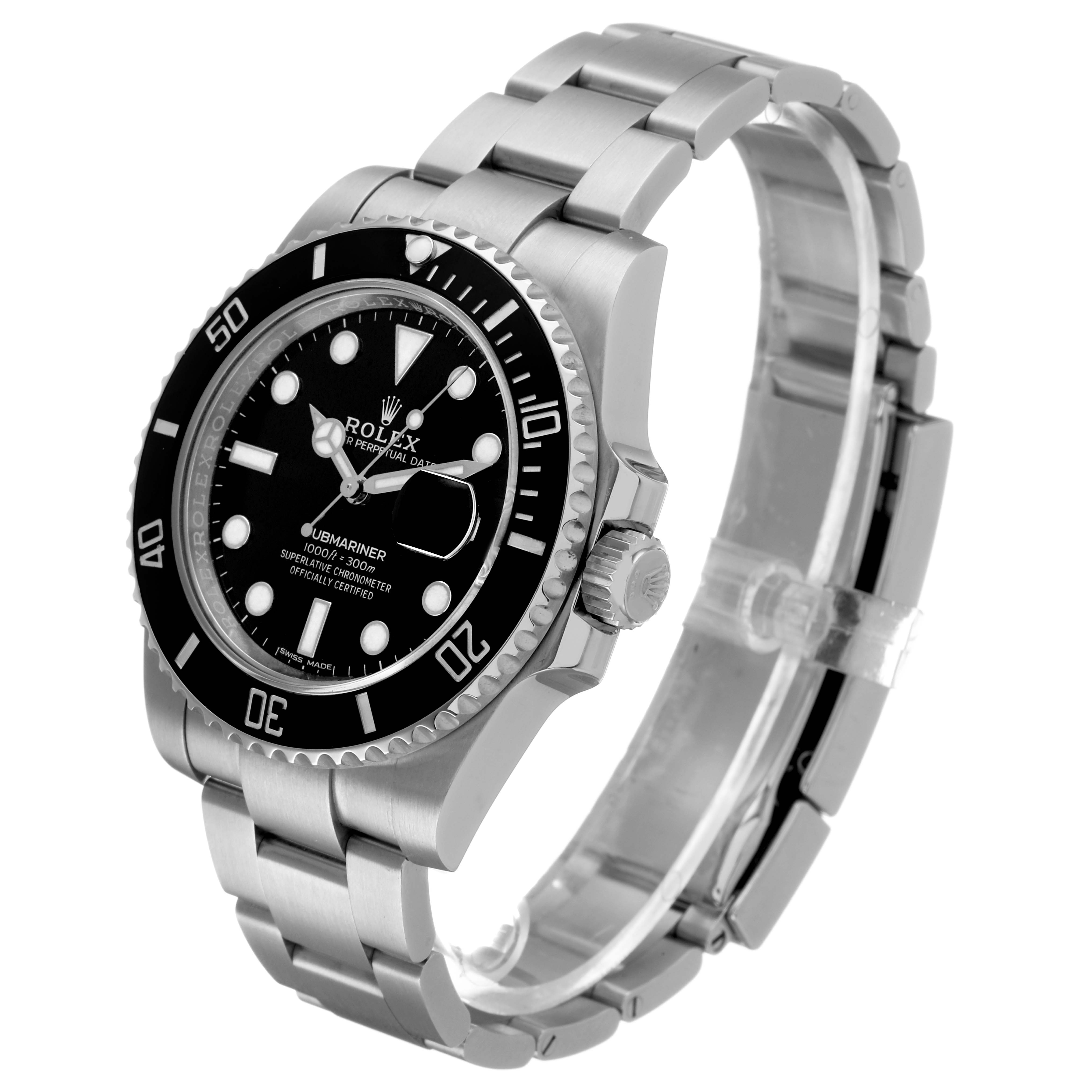 The Rolex Submariner 116610 Men's Stainless Steel Black Dial watch is shown at a three-quarter angle, highlighting the dial, bezel, crown, and bracelet.