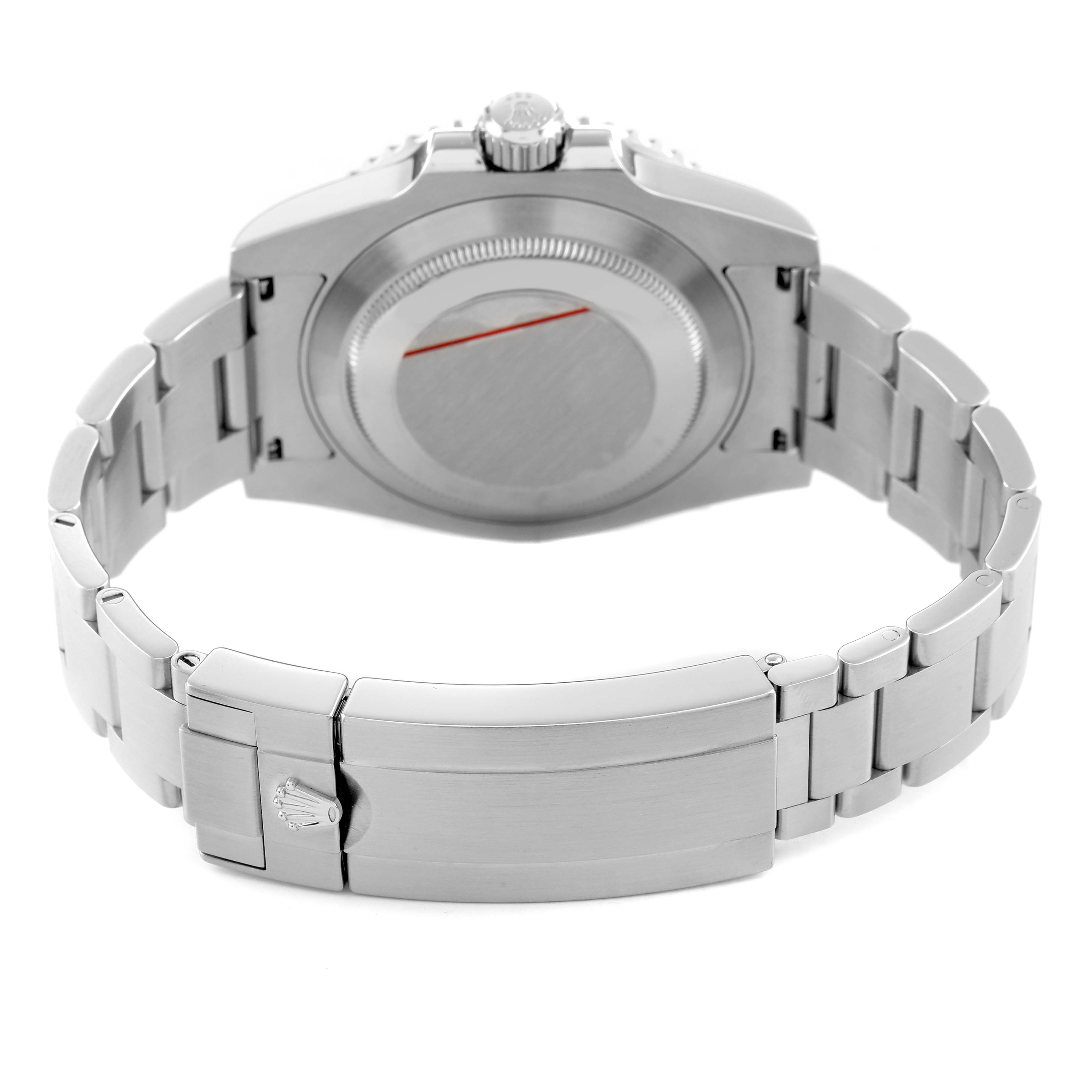 The image shows the back view of a Rolex Submariner 116610 Men's Stainless Steel Black Dial, highlighting the case back and metal bracelet with clasp.