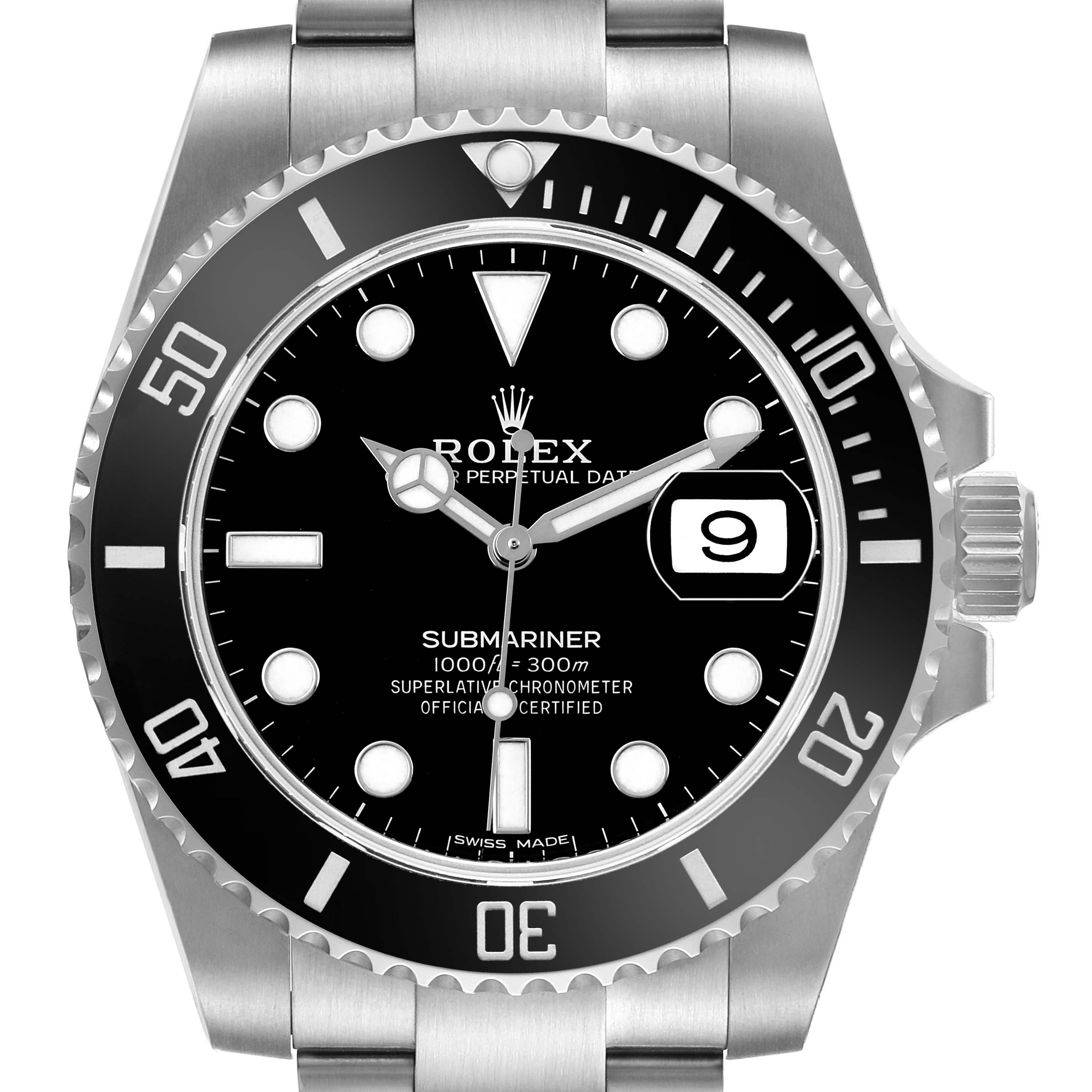The image shows a front view of a Rolex Submariner 116610 Men's Stainless Steel Black Dial watch, highlighting the dial, bezel, and crown.