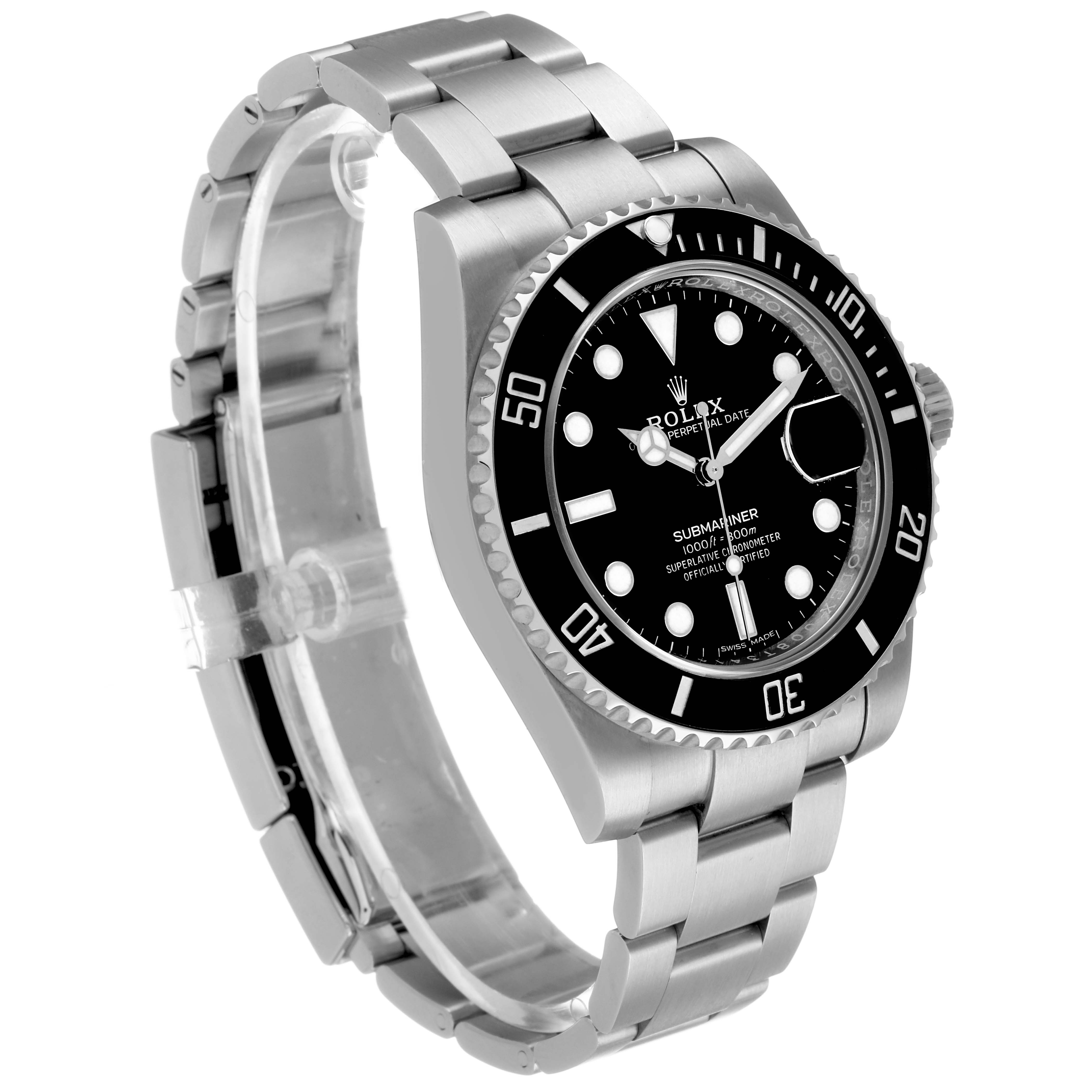The Rolex Submariner 116610 Men's Stainless Steel Black Dial is shown diagonally, highlighting the face, bezel, and bracelet's front side.