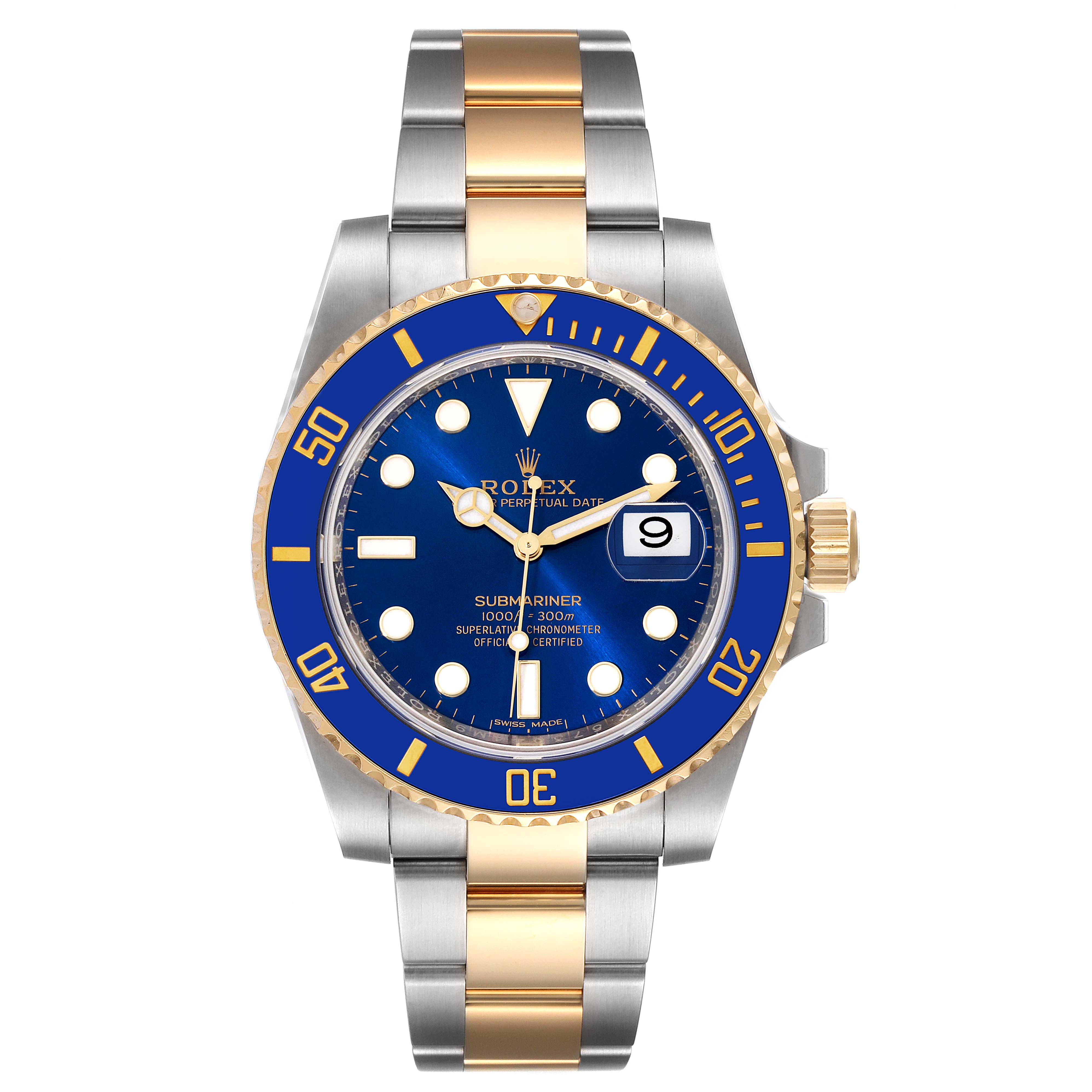The image shows a front view of a Rolex Submariner 116613 Men's Steel and Gold (two tone) Blue Dial 116613 Men's Steel and Gold (two tone) Blue Dial watch with a blue dial and bezel, gold accents, and a two-tone metal band.