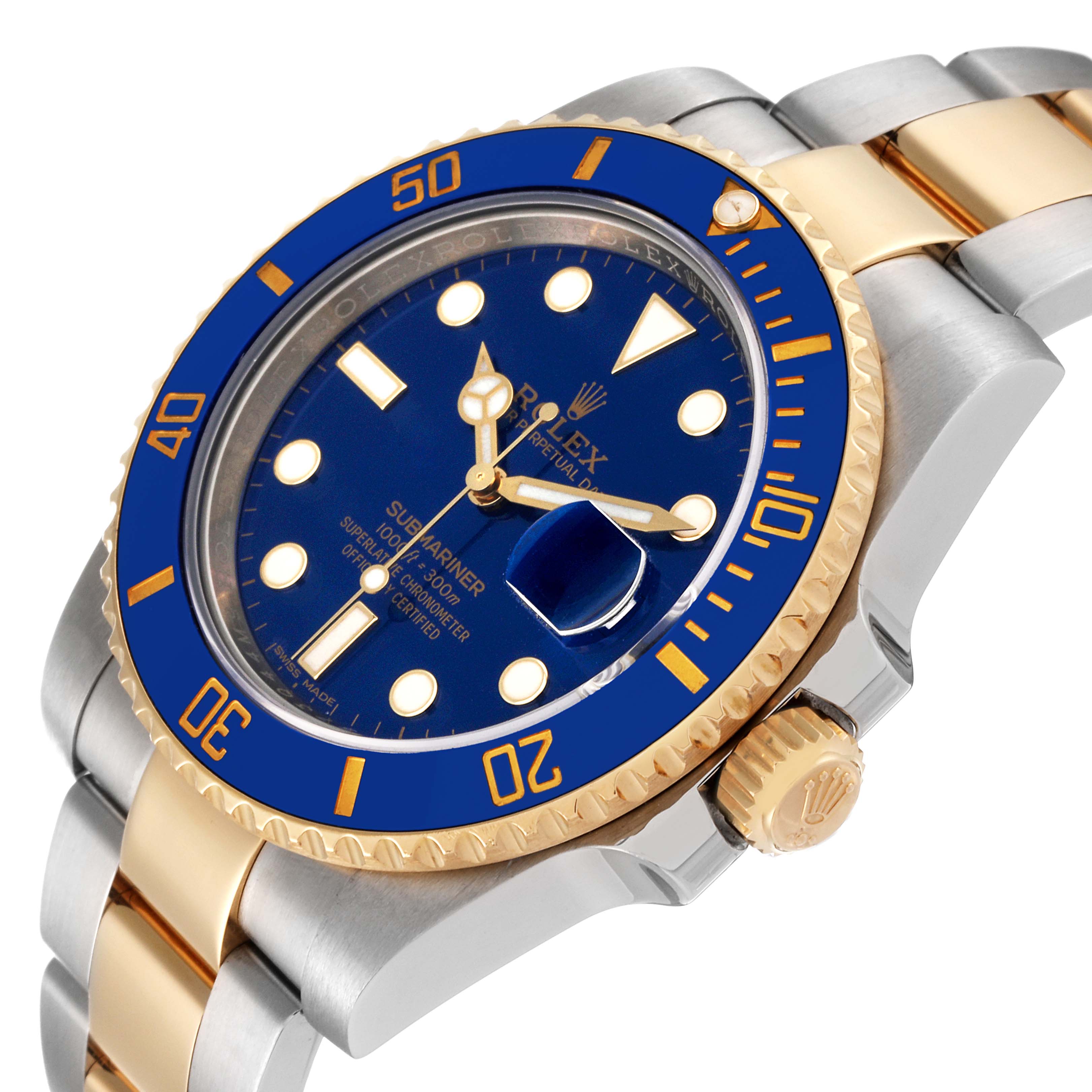 The image shows a close-up and angled view of a Rolex Submariner 116613 Men's Steel and Gold (two tone) Blue Dial 116613 Men's Steel and Gold (two tone) Blue Dial, highlighting the blue dial, bezel, and two-tone metal band.
