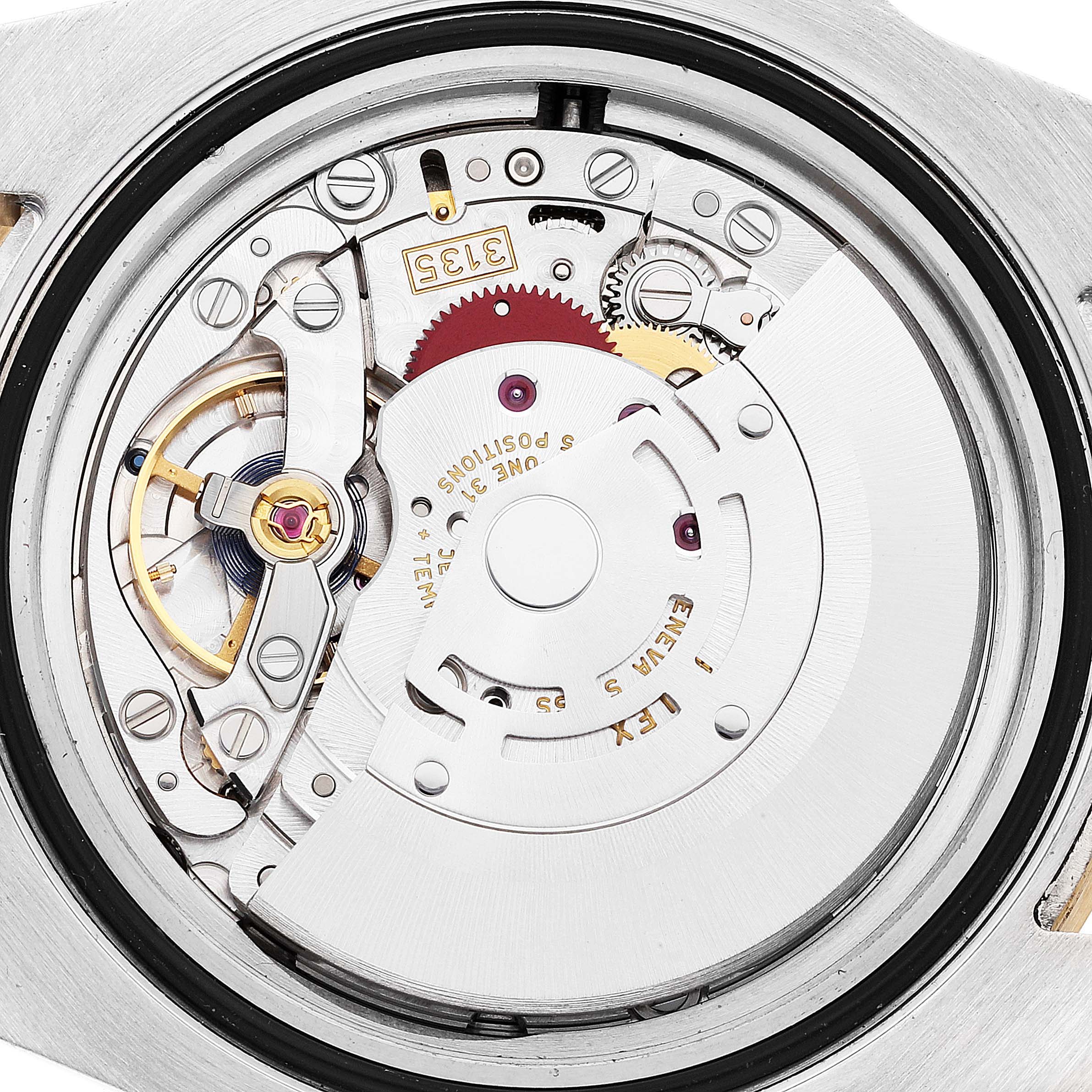This image shows the intricate inner mechanism of a Rolex Submariner 116613 Men's Steel and Gold (two tone) Blue Dial 116613 Men's Steel and Gold (two tone) Blue Dial watch from a top-down view.