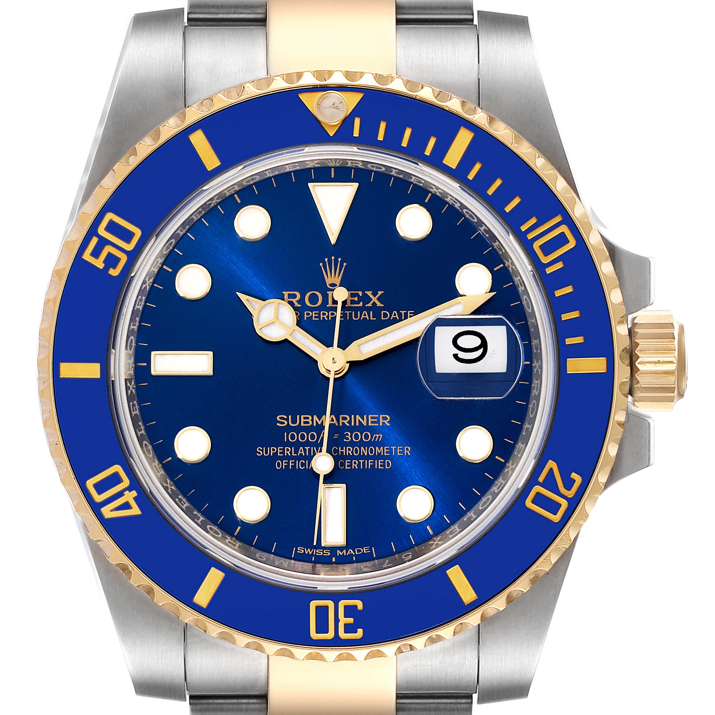 The image shows a front view of a Rolex Submariner 116613 Men's Steel and Gold (two tone) Blue Dial 116613 Men's Steel and Gold (two tone) Blue Dial watch with a blue dial and bezel, gold accents, and a date display at 3 o'clock.