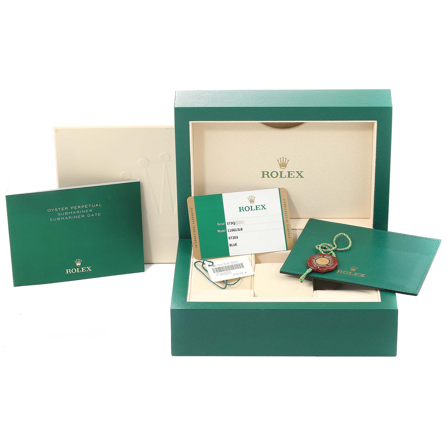 This image shows the packaging and accessories, including cards and manuals, of a Rolex Submariner 116613 Men's Steel and Gold (two tone) Blue Dial 116613 Men's Steel and Gold (two tone) Blue Dial watch.