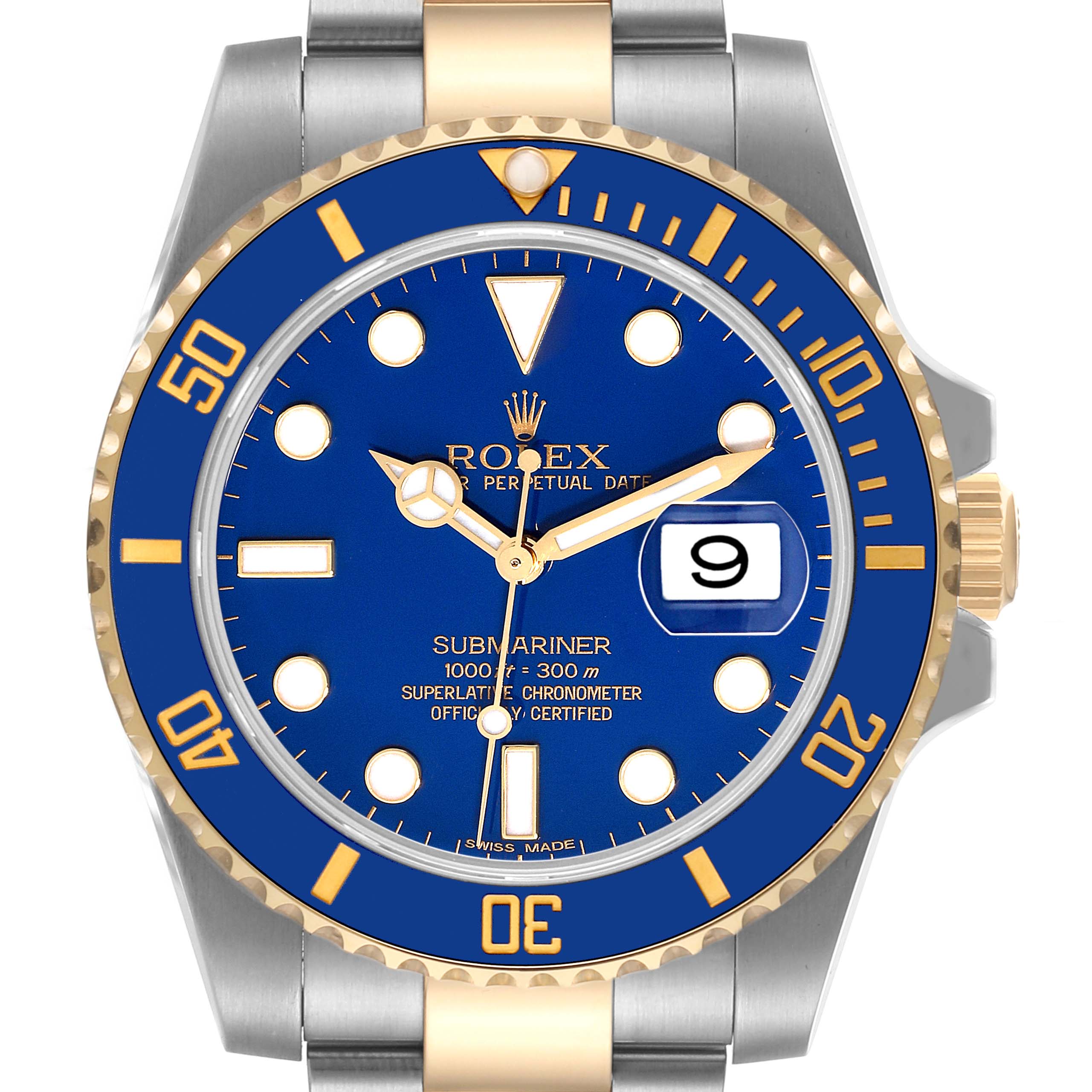 The image shows a Rolex Submariner 116613 Men's Steel and Gold (two tone) Blue Dial 116613 Men's Steel and Gold (two tone) Blue Dial watch from a top-down angle, displaying the dial, bezel, and part of the bracelet.