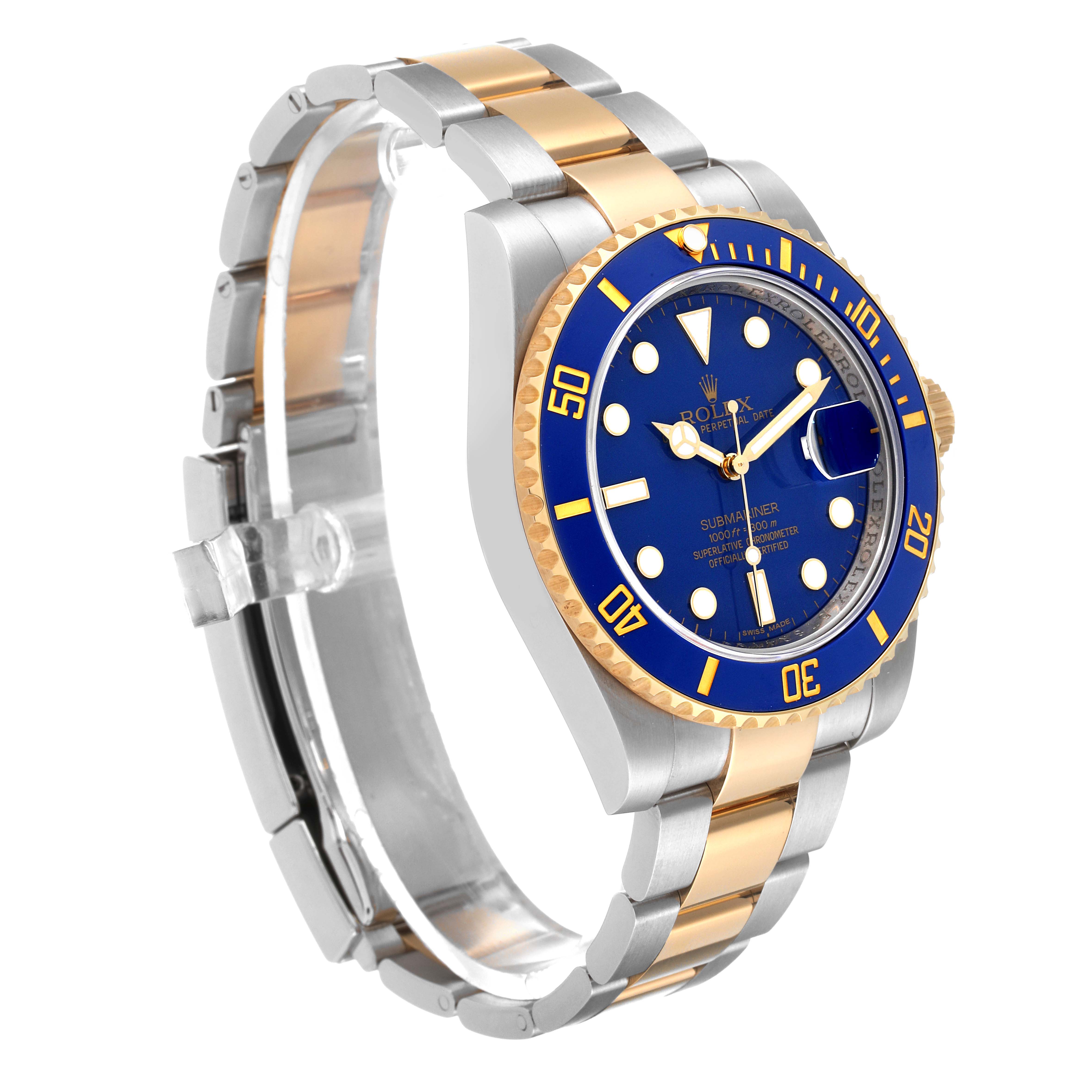 The image shows a side angle view of a Rolex Submariner 116613 Men's Steel and Gold (two tone) Blue Dial 116613 Men's Steel and Gold (two tone) Blue Dial watch, displaying the face, bezel, and band.
