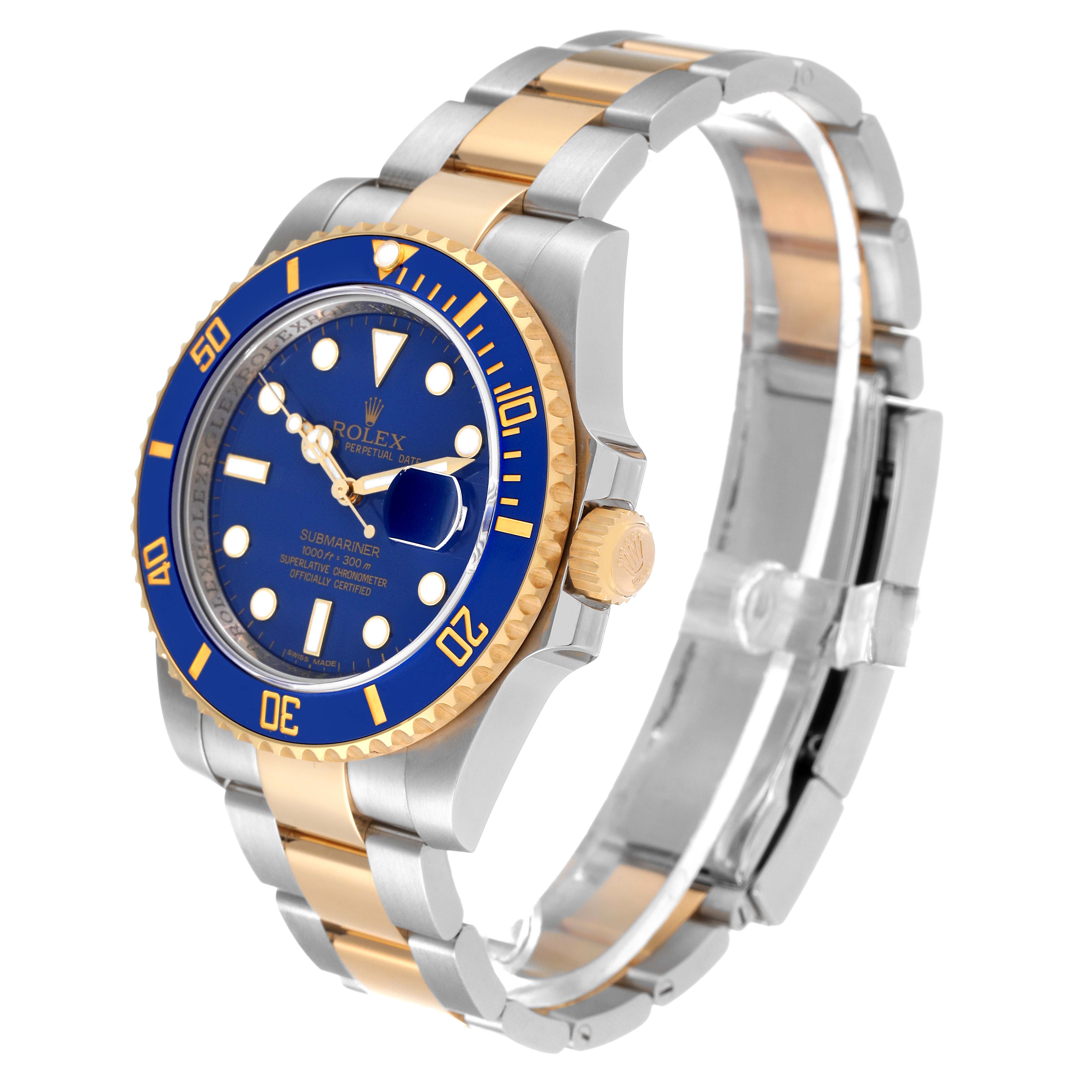 The image shows a Rolex Submariner 116613 Men's Steel and Gold (two tone) Blue Dial 116613 Men's Steel and Gold (two tone) Blue Dial in a three-fourths angle revealing the blue dial, bezel, and two-tone metal bracelet.
