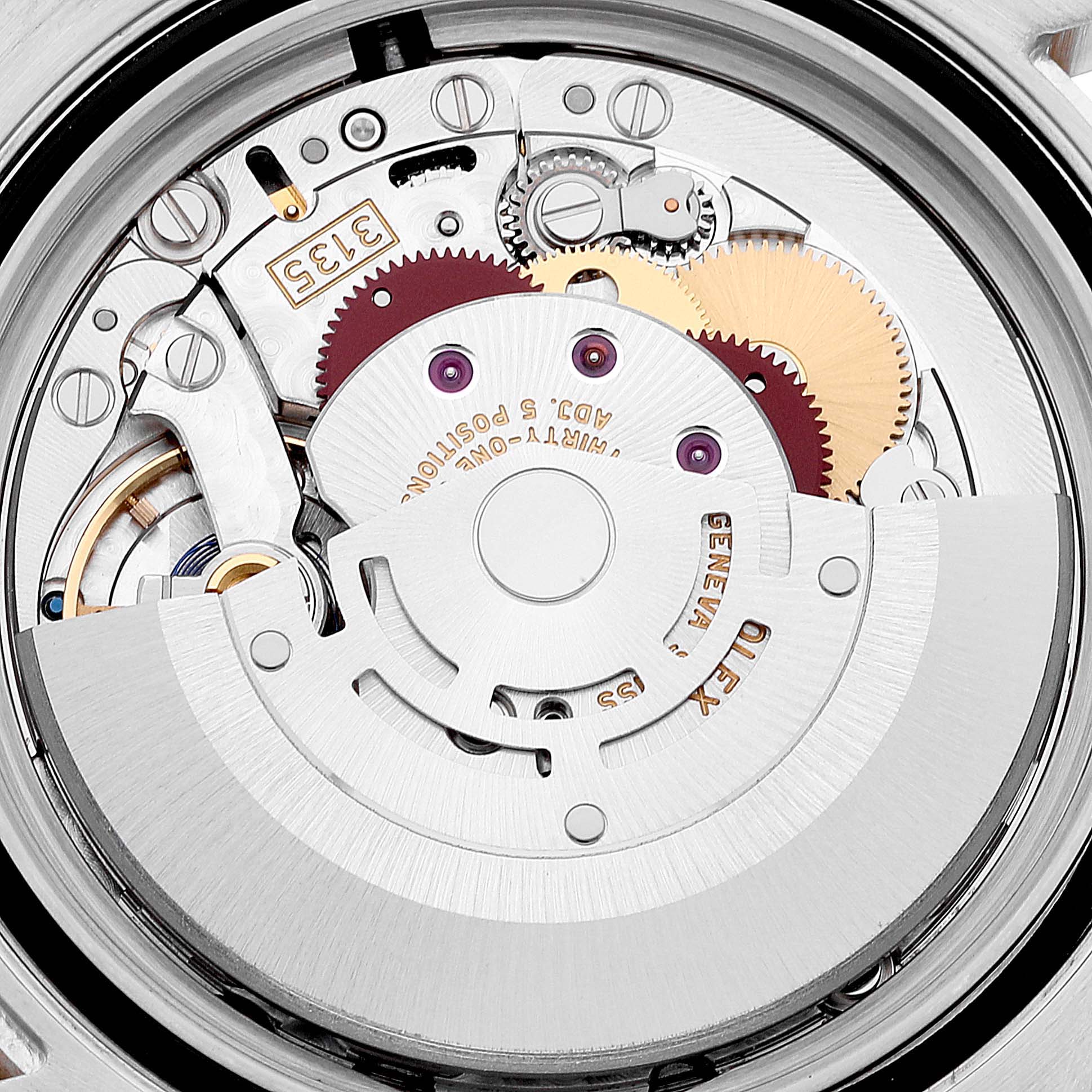 The image shows the intricate movement and internal mechanism of a Rolex Submariner 116613 Men's Steel and Gold (two tone) Blue Dial 116613 Men's Steel and Gold (two tone) Blue Dial watch from a top-down angle.