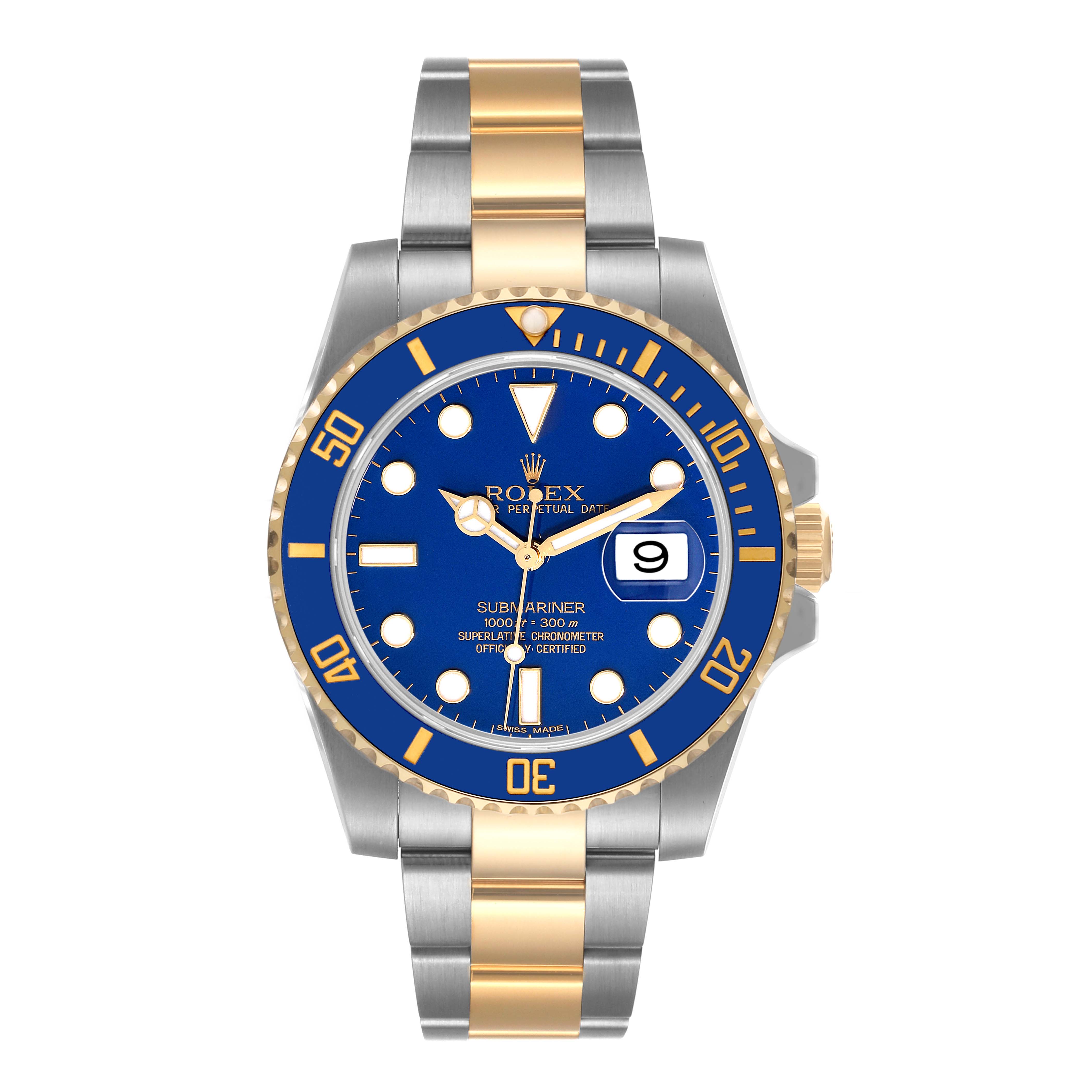 The image shows a front view of a Rolex Submariner 116613 Men's Steel and Gold (two tone) Blue Dial 116613 Men's Steel and Gold (two tone) Blue Dial watch with a blue dial, gold accents, and a two-tone bracelet.
