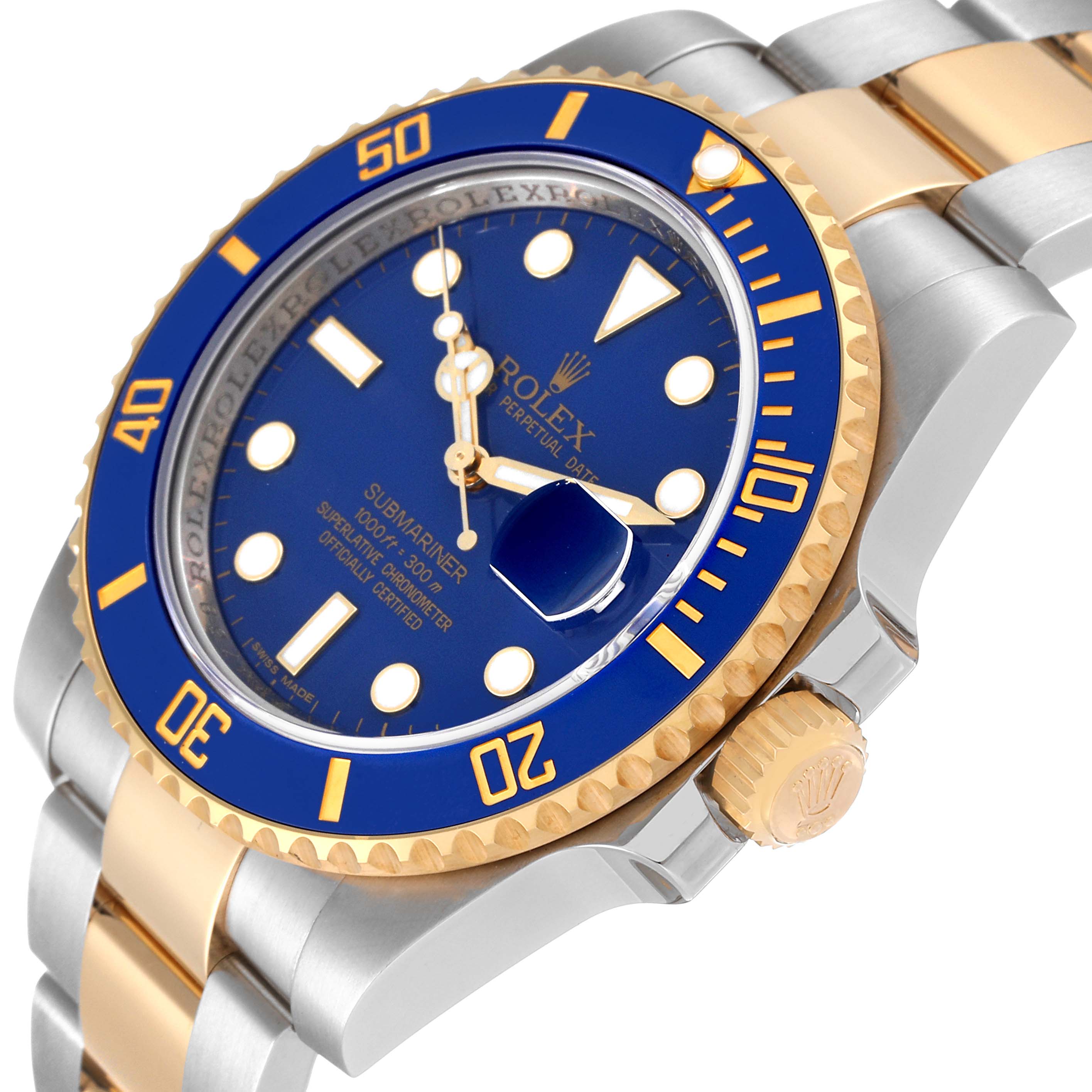 The image shows a close-up angle of the Rolex Submariner 116613 Men's Steel and Gold (two tone) Blue Dial 116613 Men's Steel and Gold (two tone) Blue Dial, highlighting the blue bezel, dial, and crown.