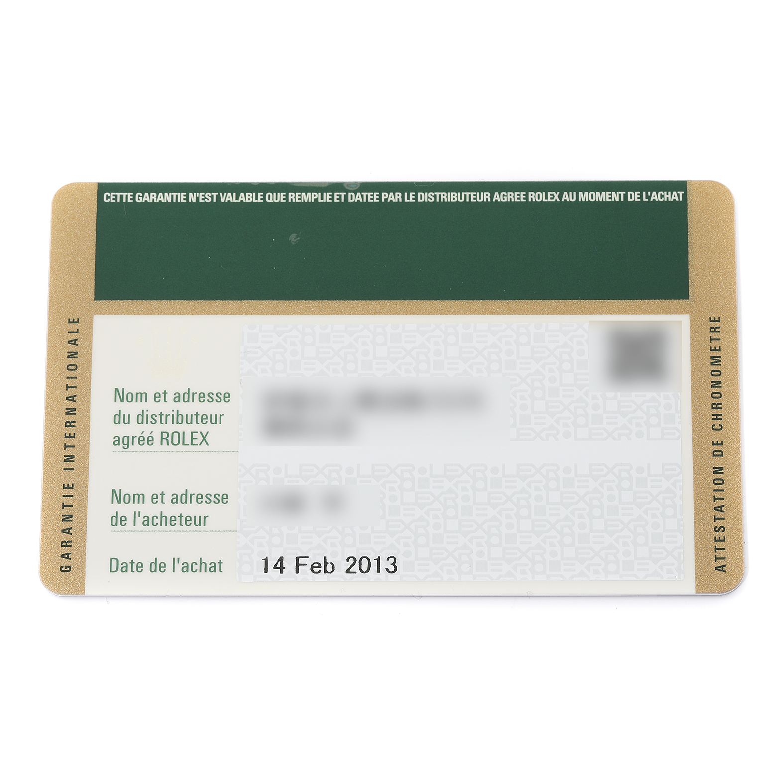 The image shows the warranty card for a Rolex Submariner 116613 Men's Steel and Gold (two tone) Blue Dial 116613 Men's Steel and Gold (two tone) Blue Dial, dated 14 Feb 2013.