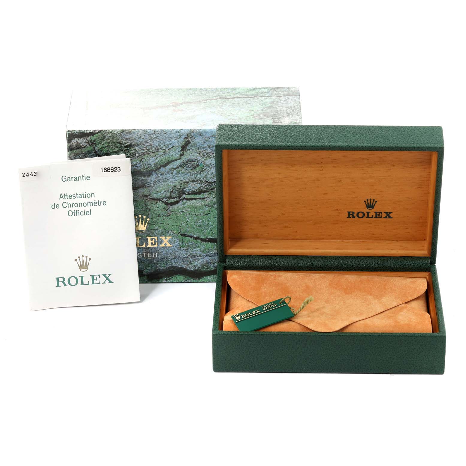 The image shows a green Rolex Yacht-Master 168623 Men
s Steel and Gold (two tone) White Dial 168623 Men
s Steel and Gold (two tone) White Dial watch box, an outer packaging box, and a Rolex warranty booklet.