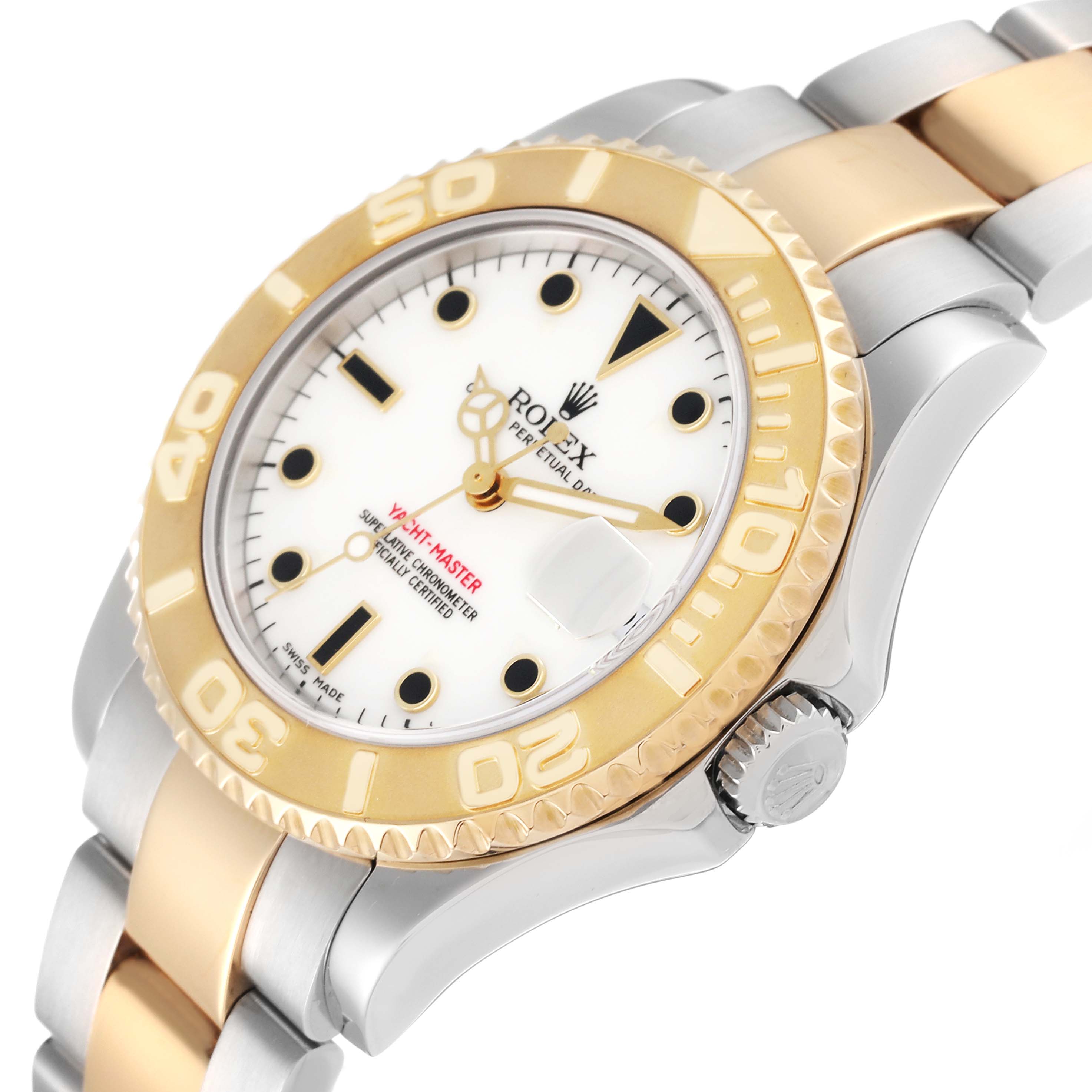 The image shows a close-up, angled view of the Rolex Yacht-Master 168623 Men
s Steel and Gold (two tone) White Dial 168623 Men
s Steel and Gold (two tone) White Dial watch, highlighting the dial, bezel, crown, and part of the bracelet.