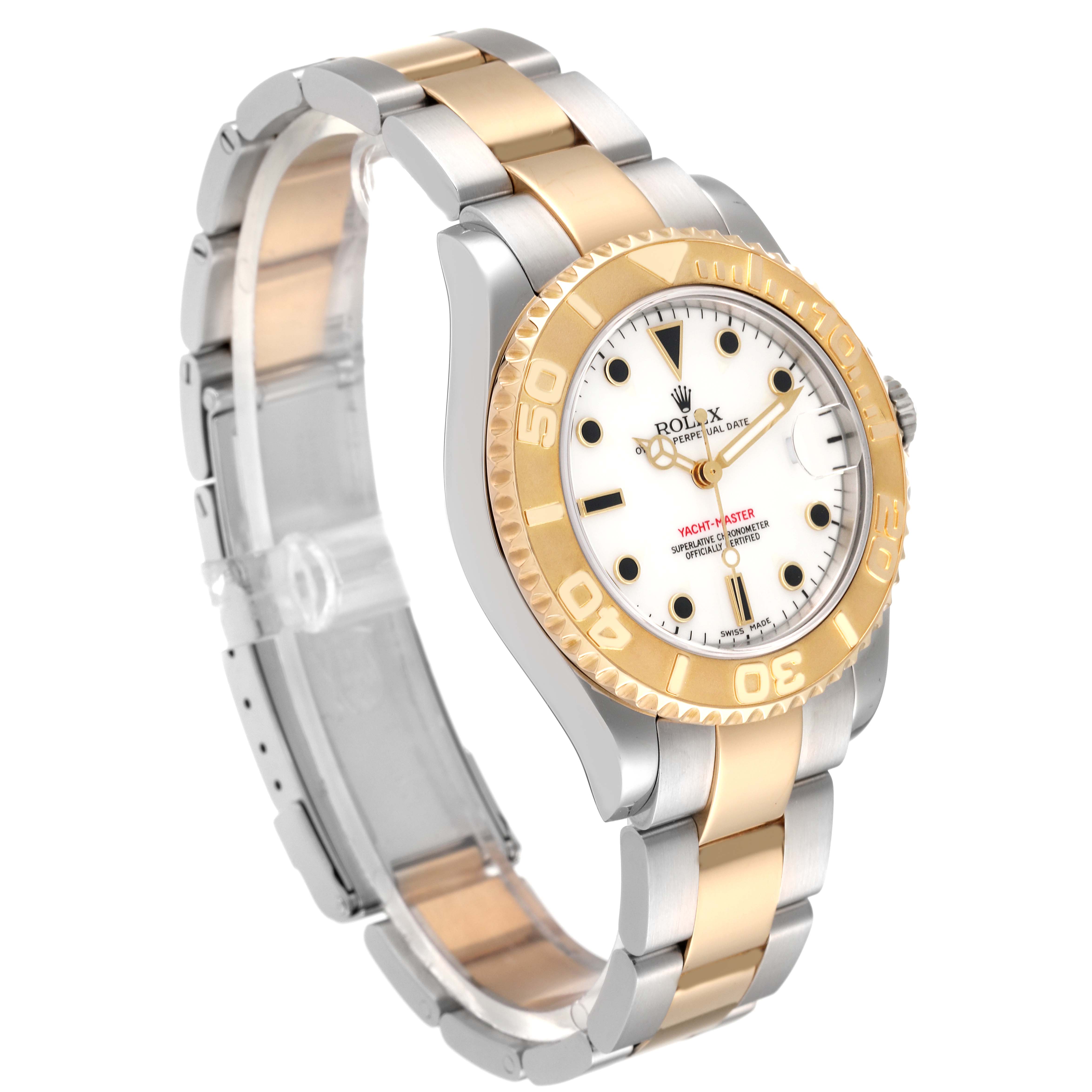 This image shows a Rolex Yacht-Master 168623 Men
s Steel and Gold (two tone) White Dial 168623 Men
s Steel and Gold (two tone) White Dial watch angled to display its face, bezel, and part of its bracelet.