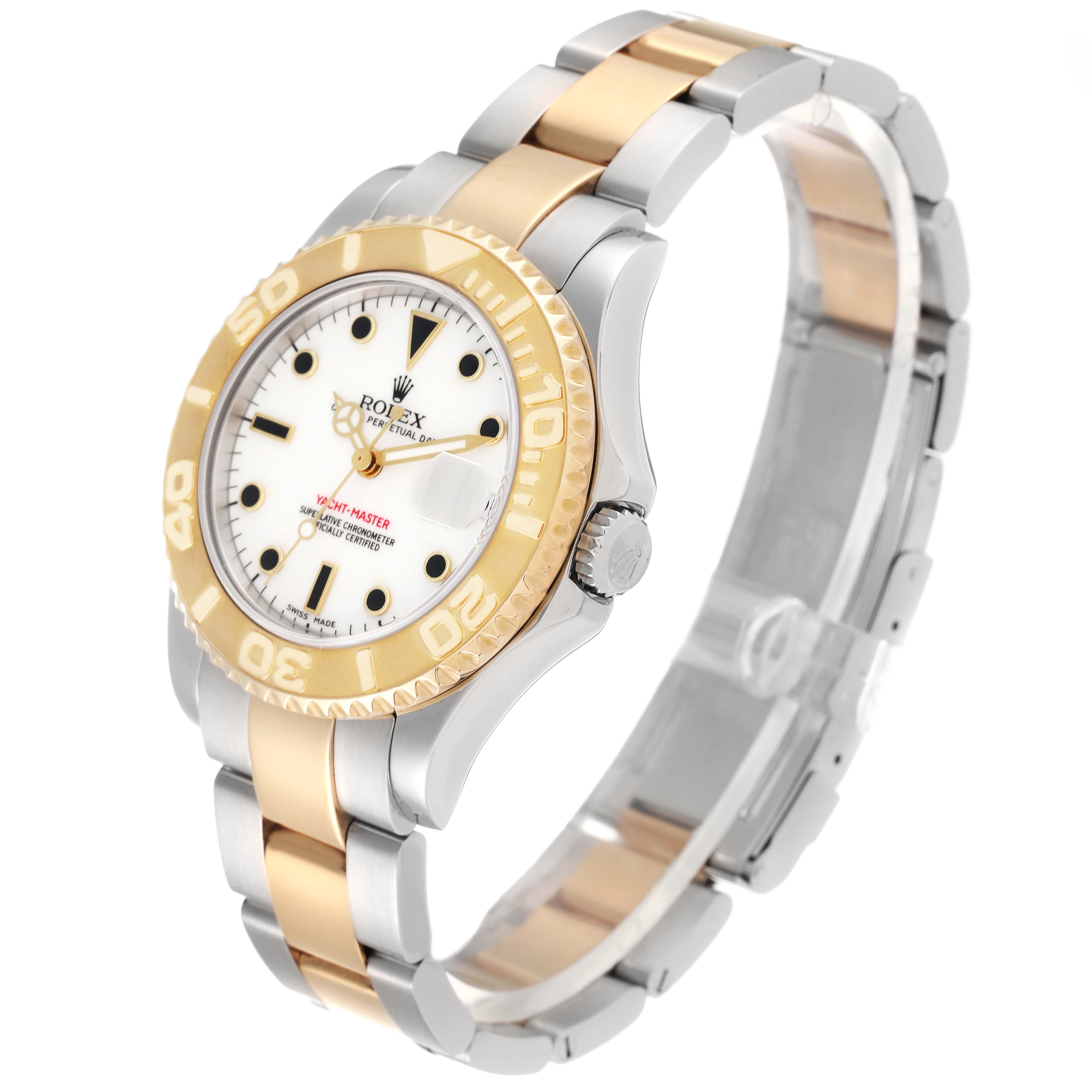 The image shows a Rolex Yacht-Master 168623 Men
s Steel and Gold (two tone) White Dial 168623 Men
s Steel and Gold (two tone) White Dial watch at a three-quarter angle, displaying the dial, crown, bezel, and bracelet.