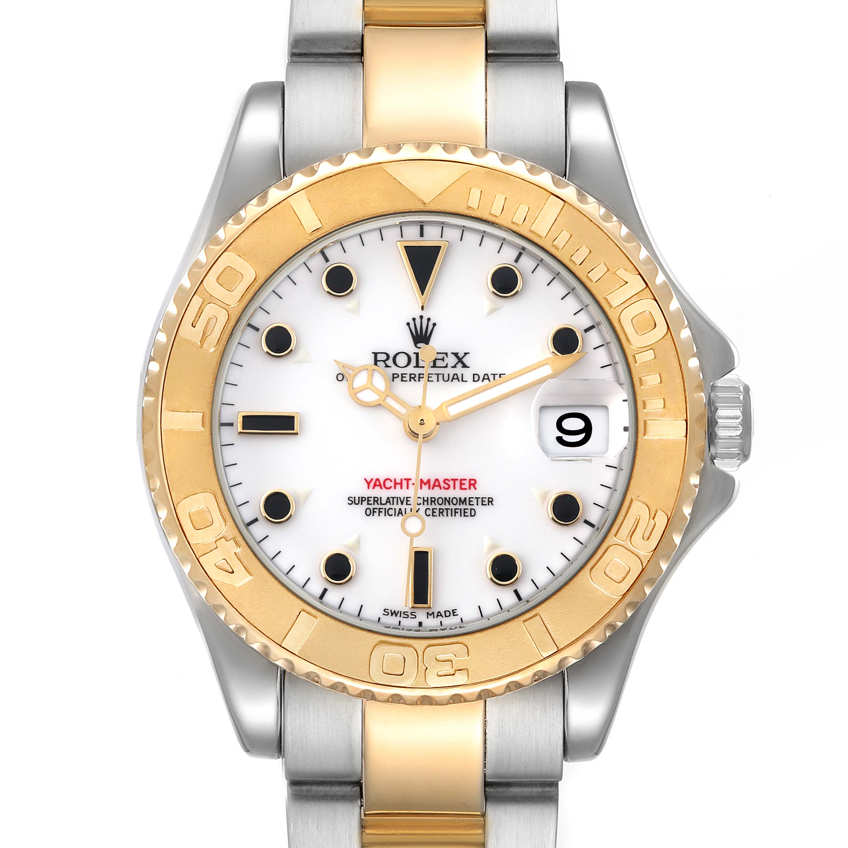 The image shows a front view of a Rolex Yacht-Master 168623 Men
s Steel and Gold (two tone) White Dial 168623 Men
s Steel and Gold (two tone) White Dial watch, displaying the dial, bezel, and part of the bracelet.