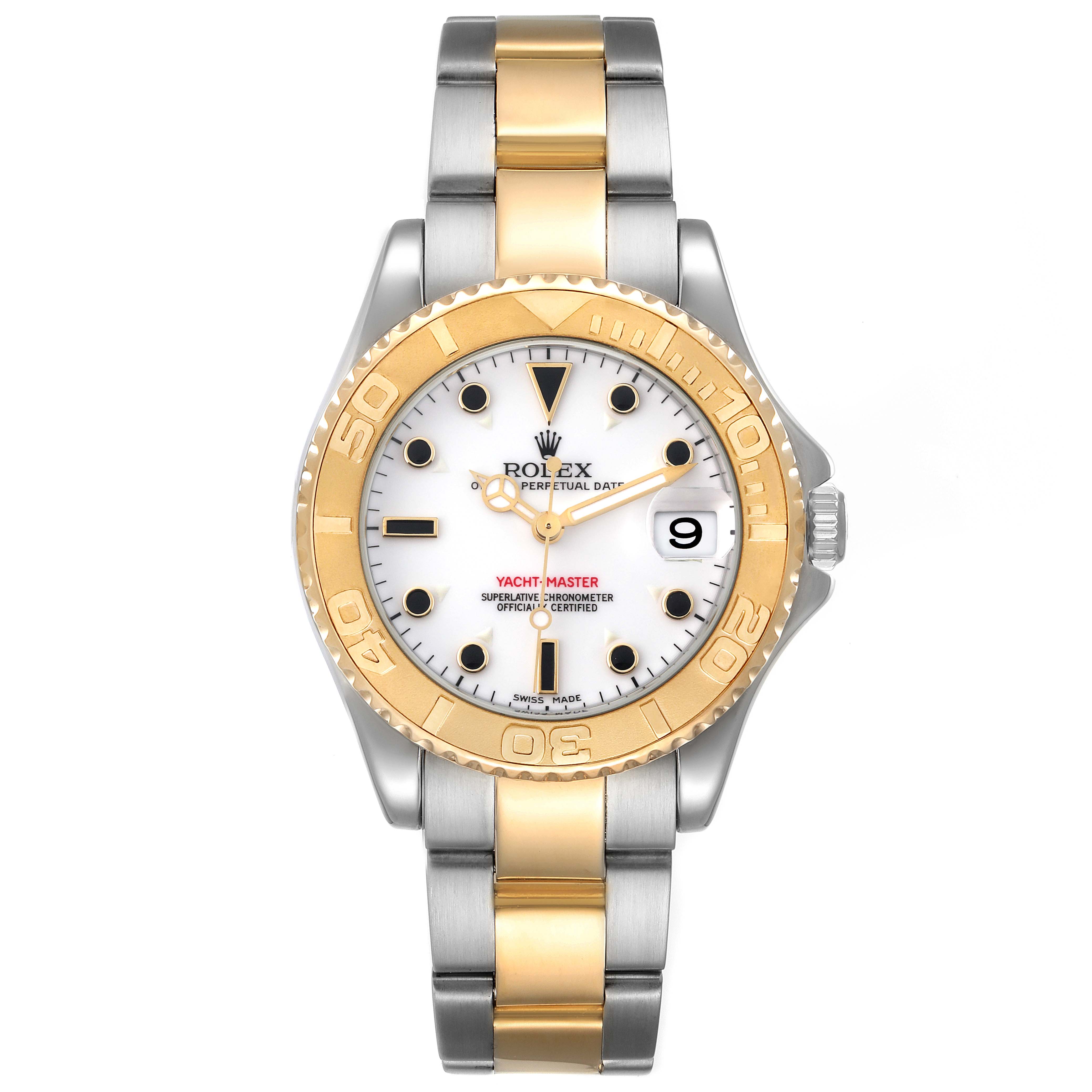 This Rolex Yacht-Master 168623 Men
s Steel and Gold (two tone) White Dial 168623 Men
s Steel and Gold (two tone) White Dial watch is shown from a top-down angle, displaying the face, bezel, and bracelet clearly.