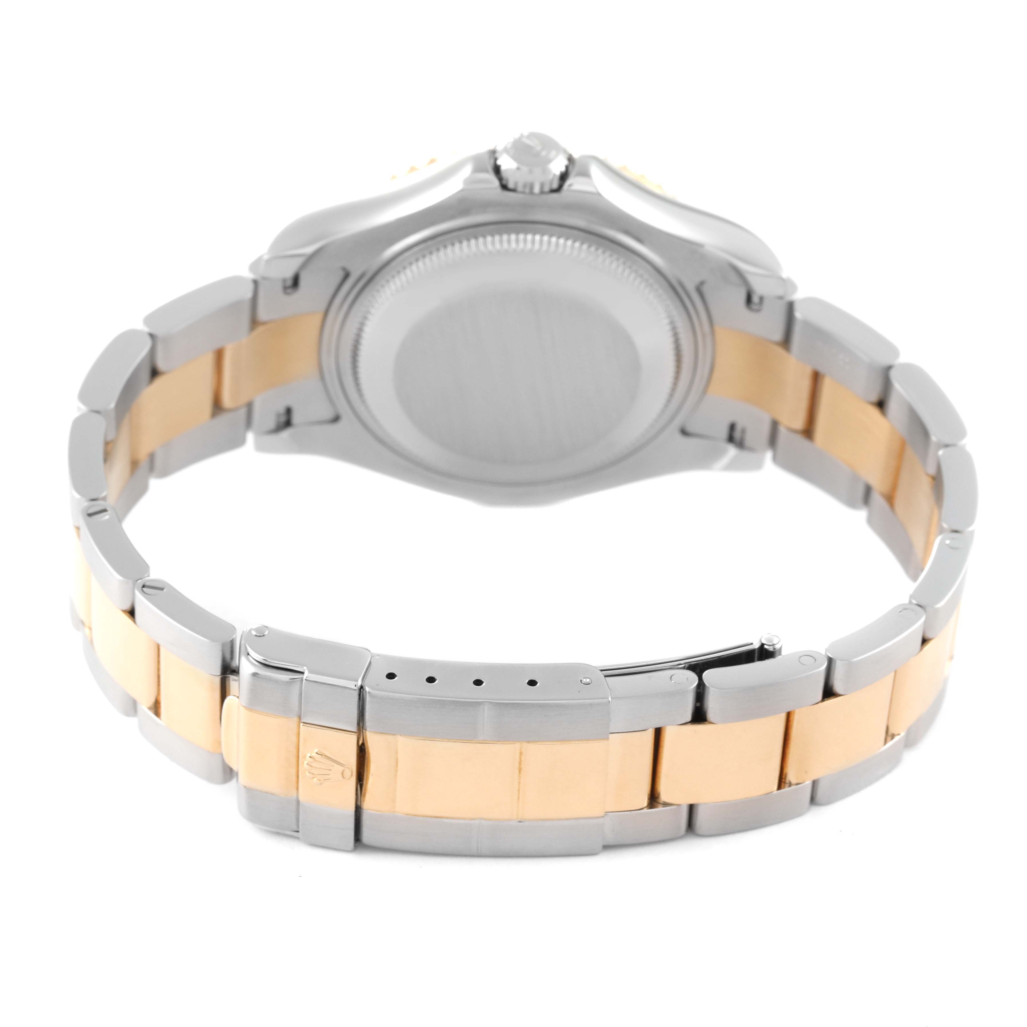 The image shows the back view of a Rolex Yacht-Master 168623 Men
s Steel and Gold (two tone) White Dial 168623 Men
s Steel and Gold (two tone) White Dial watch, highlighting its clasp and bracelet.