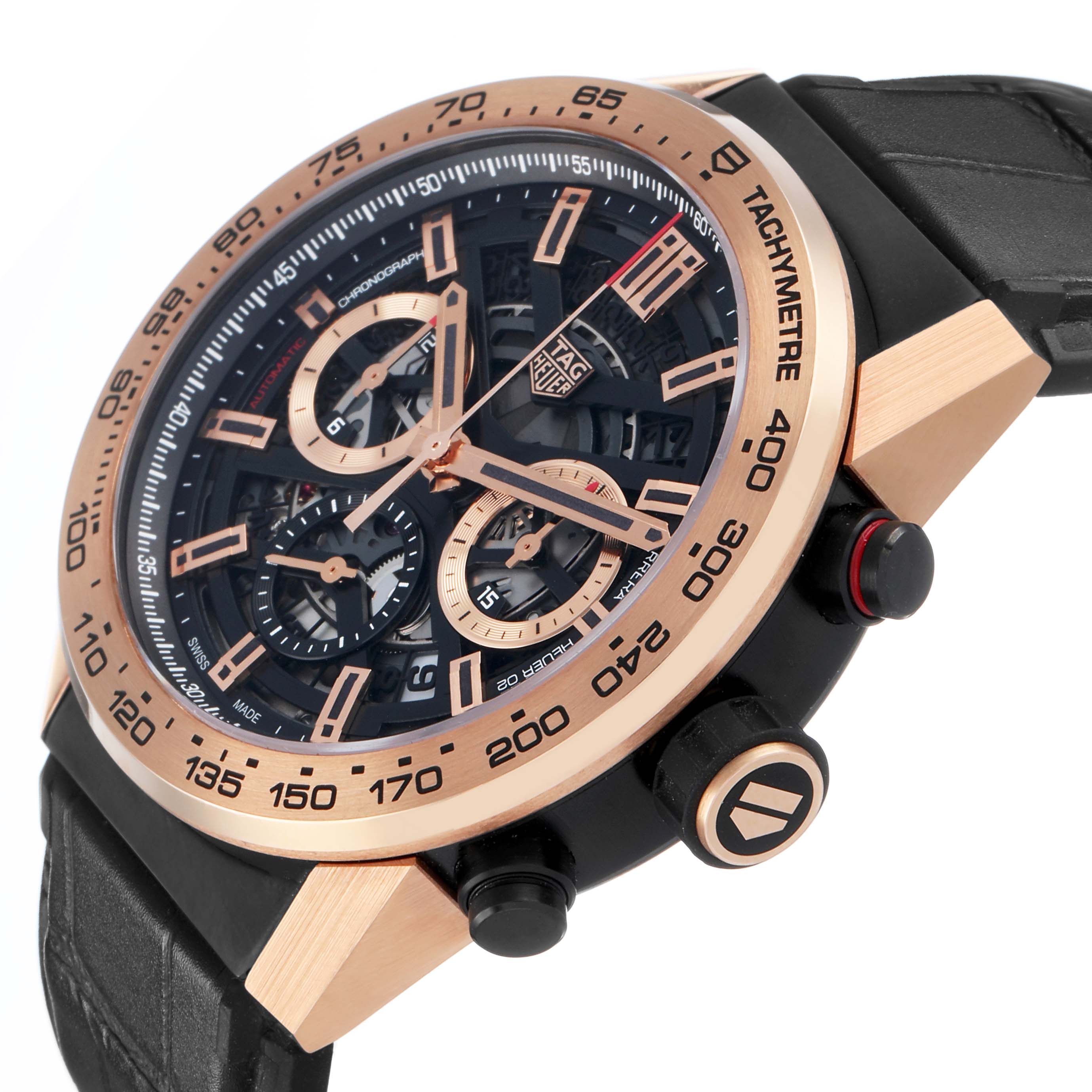 The Tag Heuer Carrera CBG2A51.FC6450 Men's Steel and Gold (two tone) Black Dial watch is shown at a side angle, displaying the rose gold-tone bezel, tachymeter, chronograph dials, and black strap.