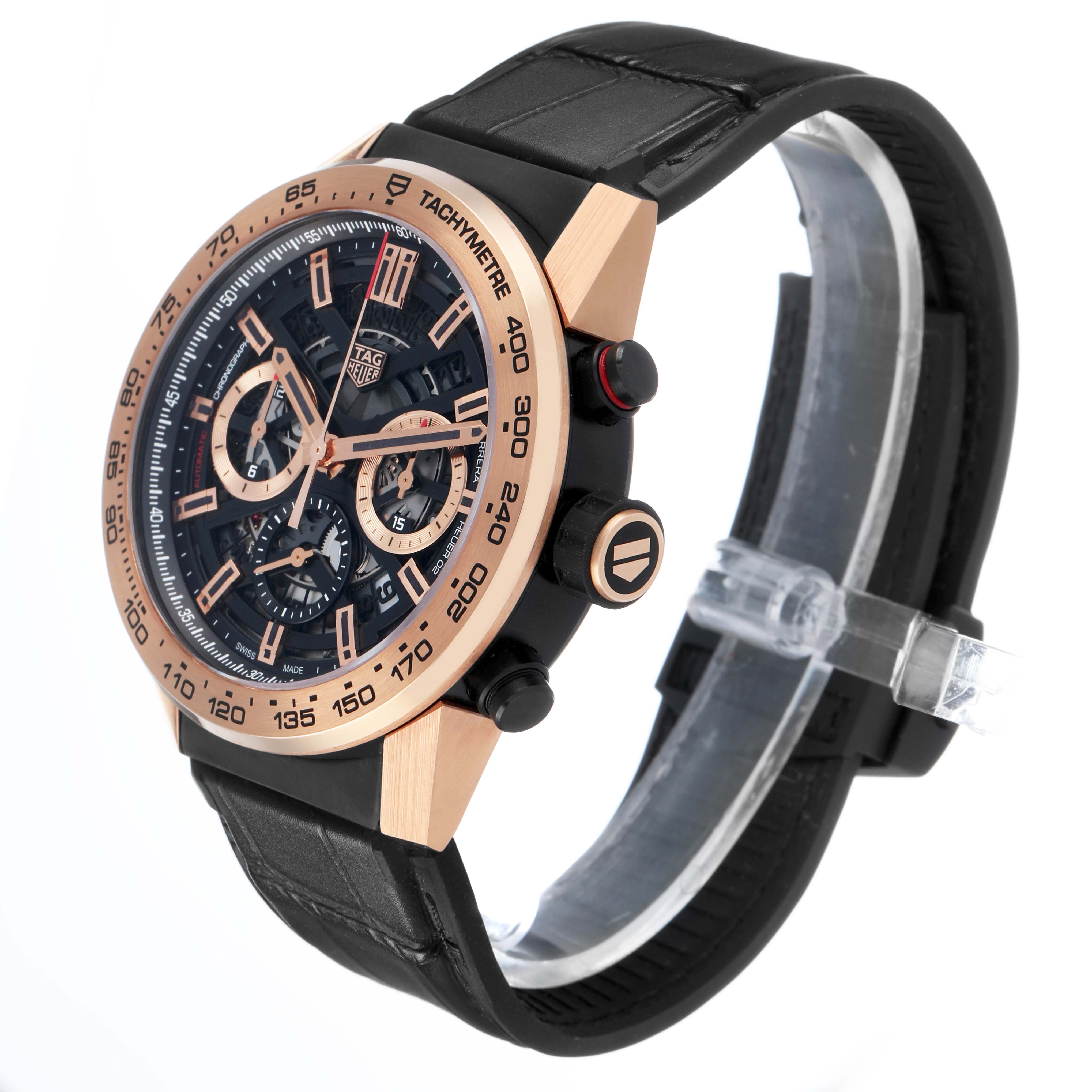 The image shows a Tag Heuer Carrera CBG2A51.FC6450 Men's Steel and Gold (two tone) Black Dial watch at a side angle, highlighting the bezel, crown, subdials, and leather strap.