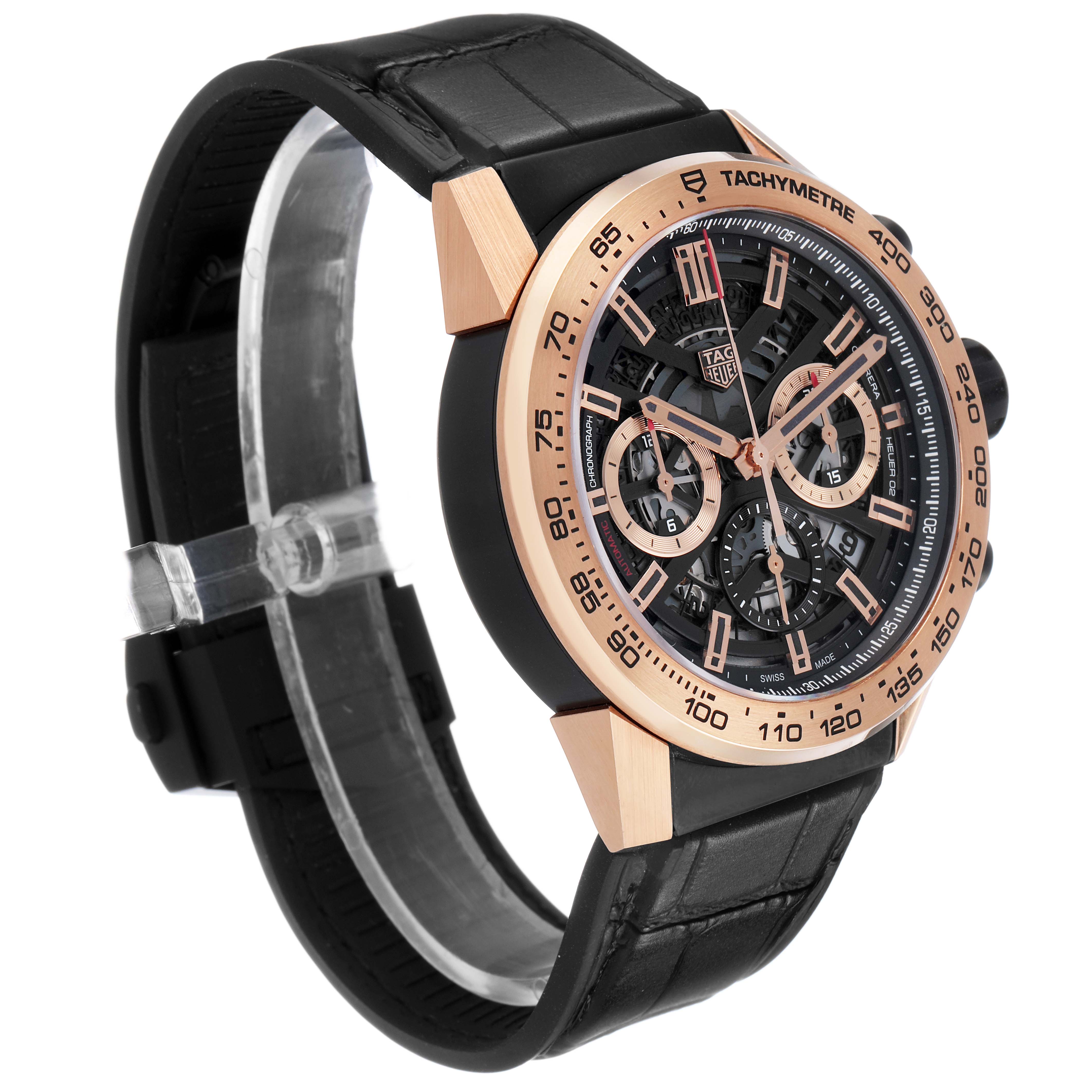 The Tag Heuer Carrera CBG2A51.FC6450 Men's Steel and Gold (two tone) Black Dial watch is shown at a three-quarter angle, highlighting the face, bezel, and leather strap.