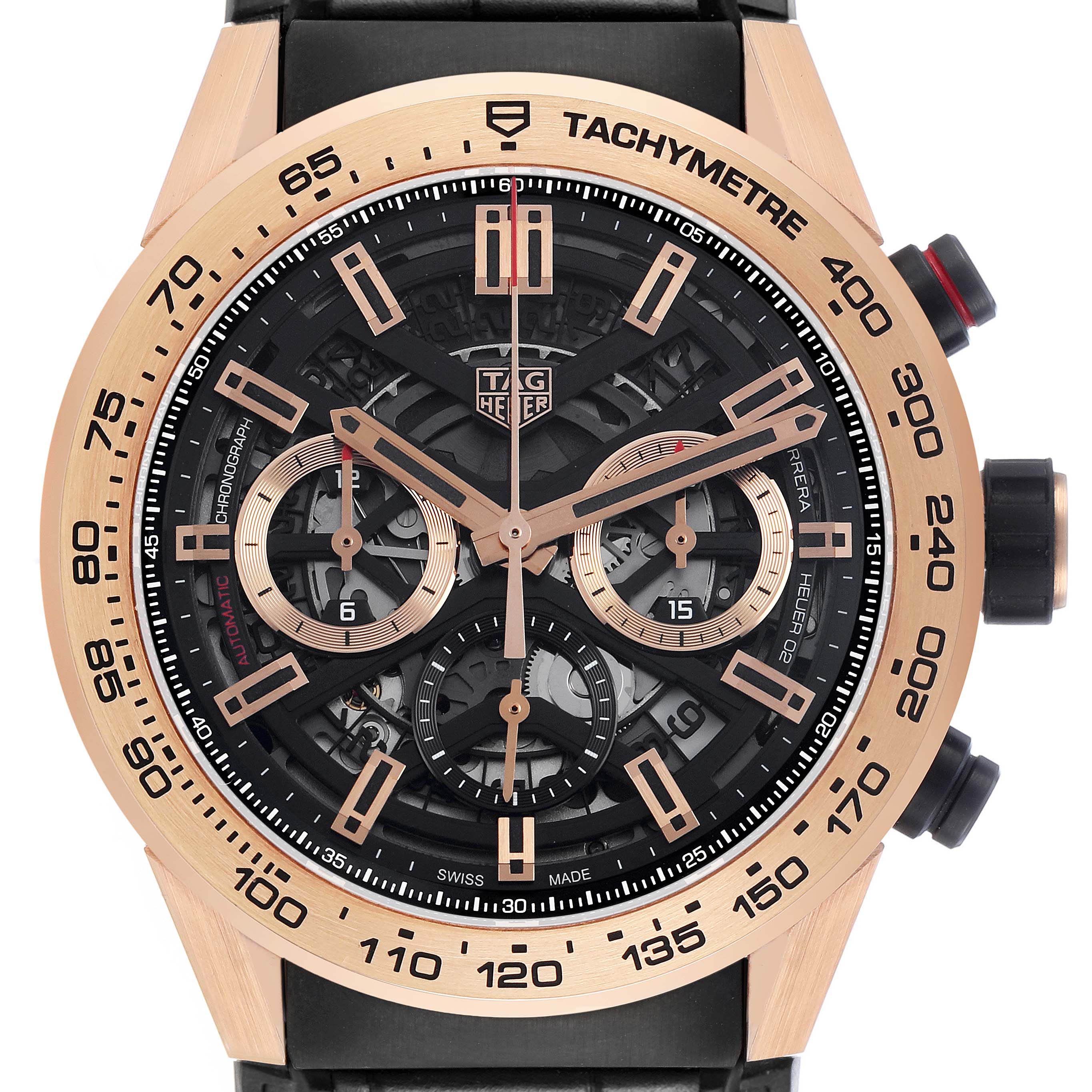 The Tag Heuer Carrera CBG2A51.FC6450 Men's Steel and Gold (two tone) Black Dial watch is shown from a straight-on angle, highlighting the face, chronograph, and tachymeter bezel.