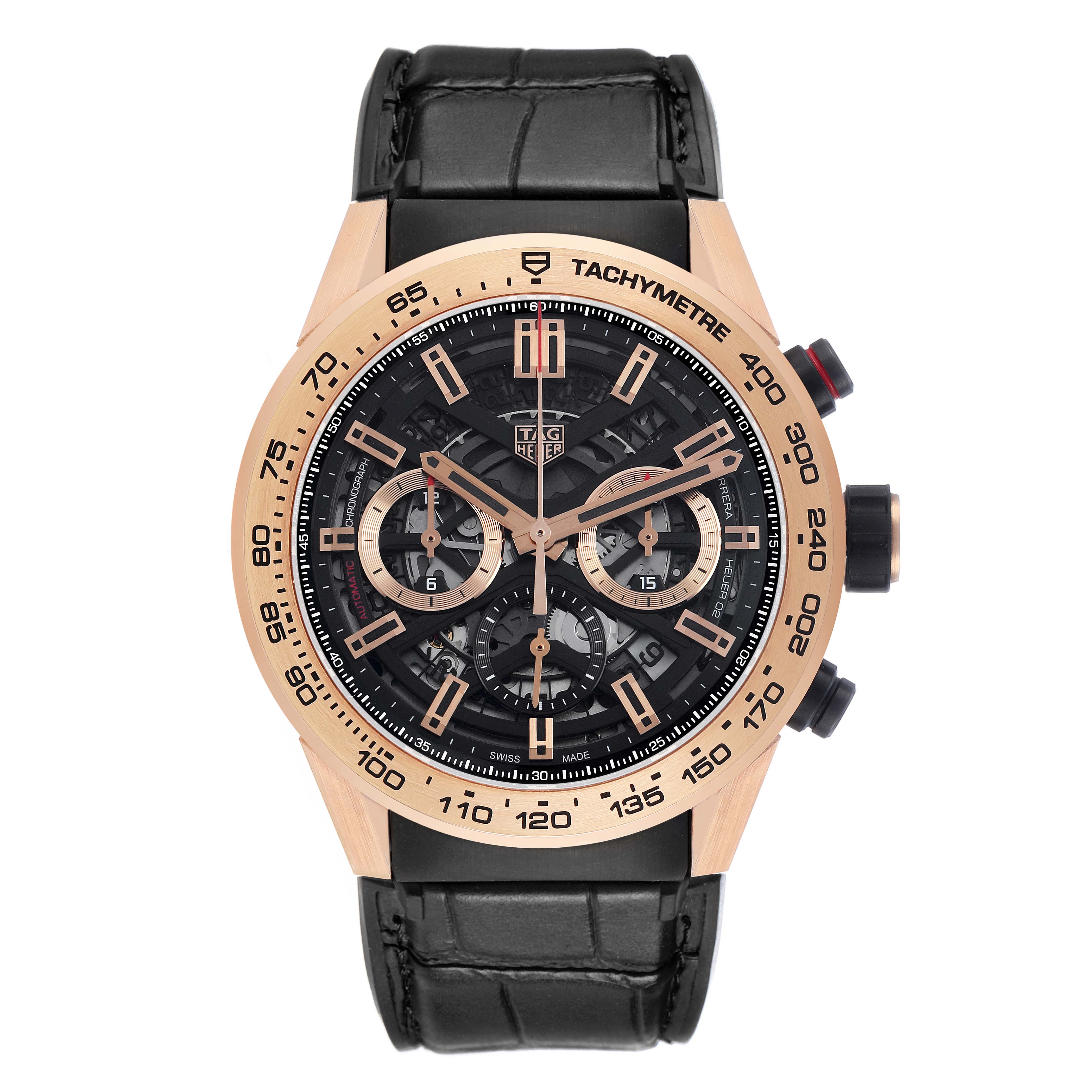 The Tag Heuer Carrera CBG2A51.FC6450 Men's Steel and Gold (two tone) Black Dial watch is shown from a top-down angle, displaying its face, bezel, and leather strap.