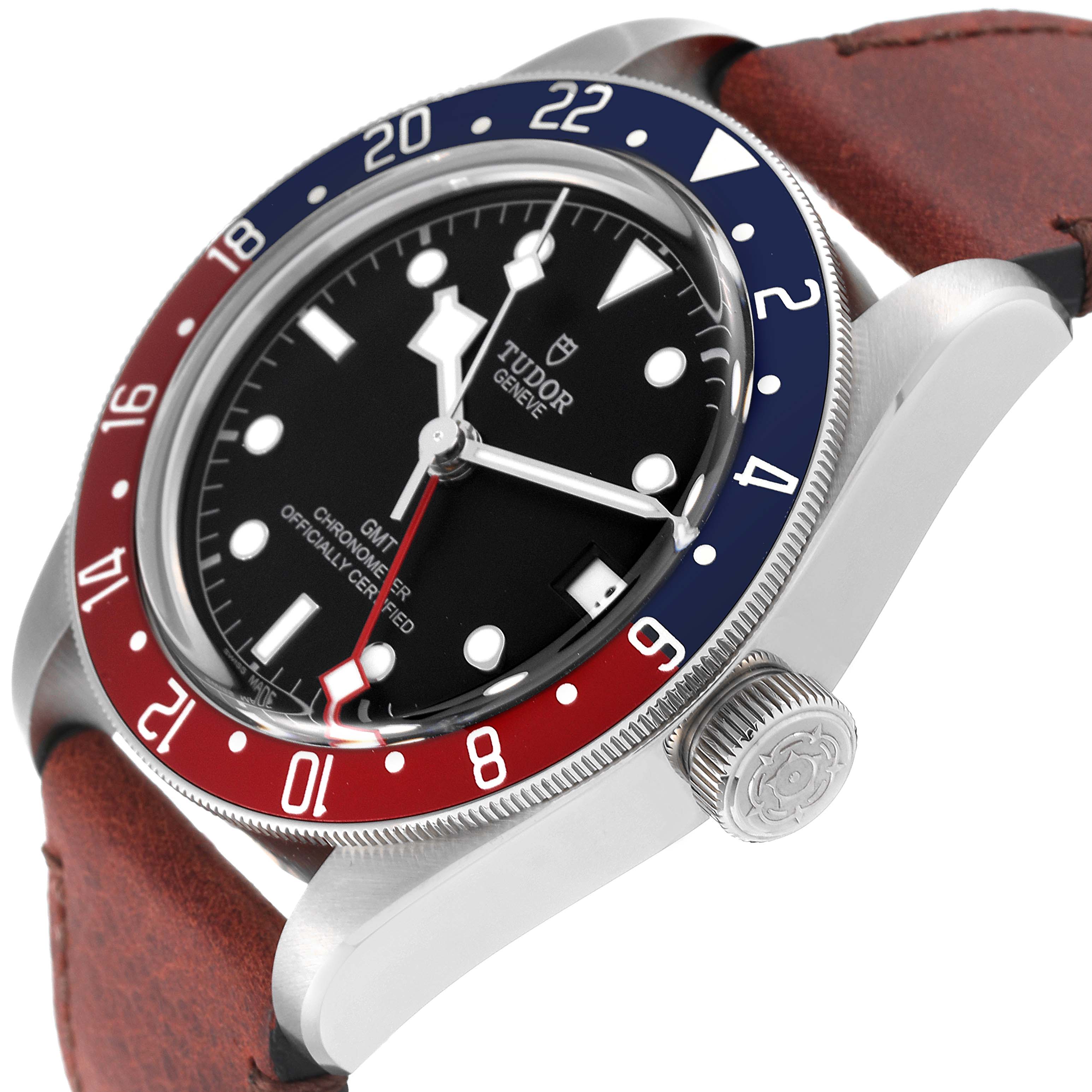 The image shows a side and partial front angle of the Tudor Heritage Black Bay 79830RB Men
s Stainless Steel Black Dial 79830RB Men
s Stainless Steel Black Dial watch, highlighting its bezel, dial, and crown.